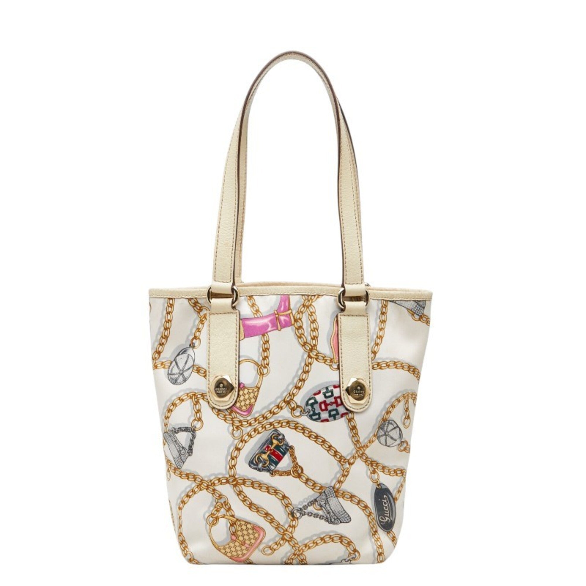 Gucci Multi-Color White Nylon Leather Handbag Tote Bag (Pre-Owned)
