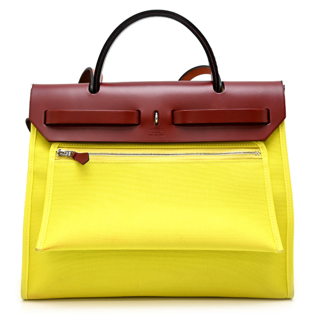 Hermes Yellow Toile Officier Leather Handbag (Pre-Owned)