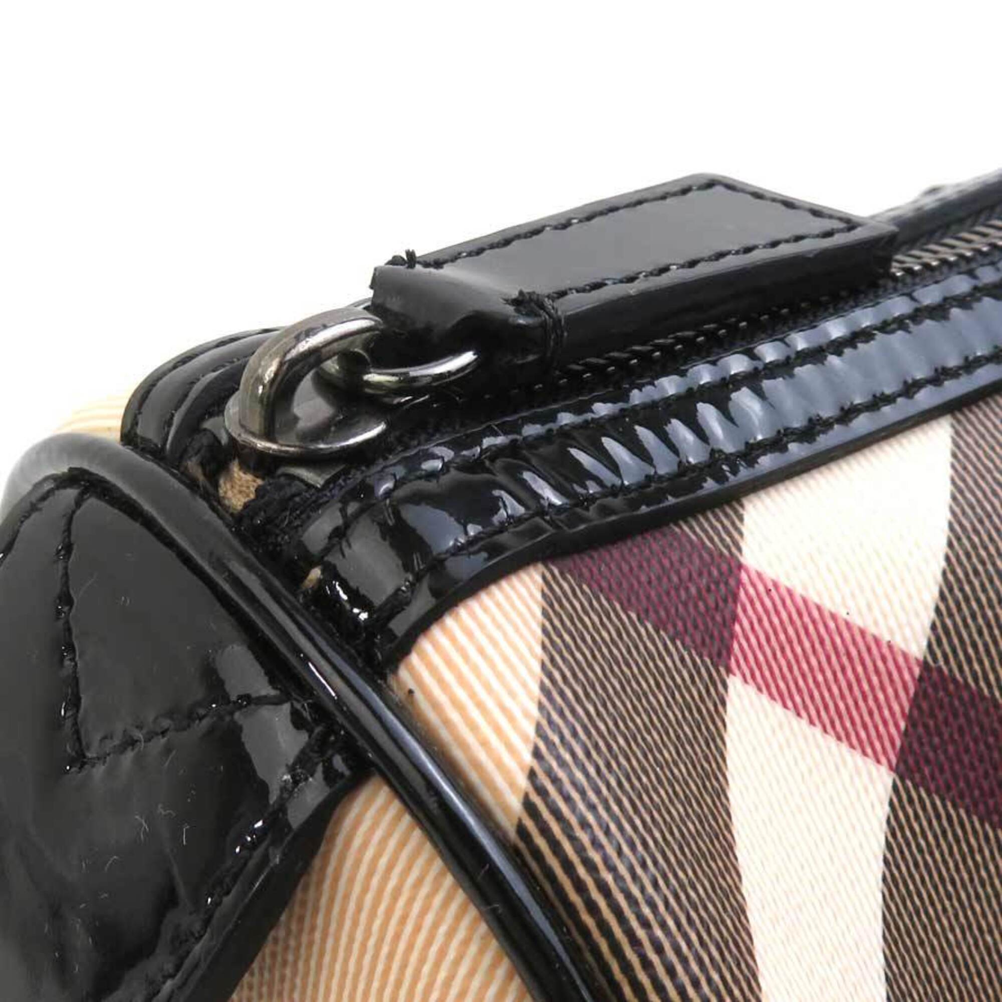 Burberry Beige Black Coated Canvas Patent Leather Handbag (Pre-Owned)
