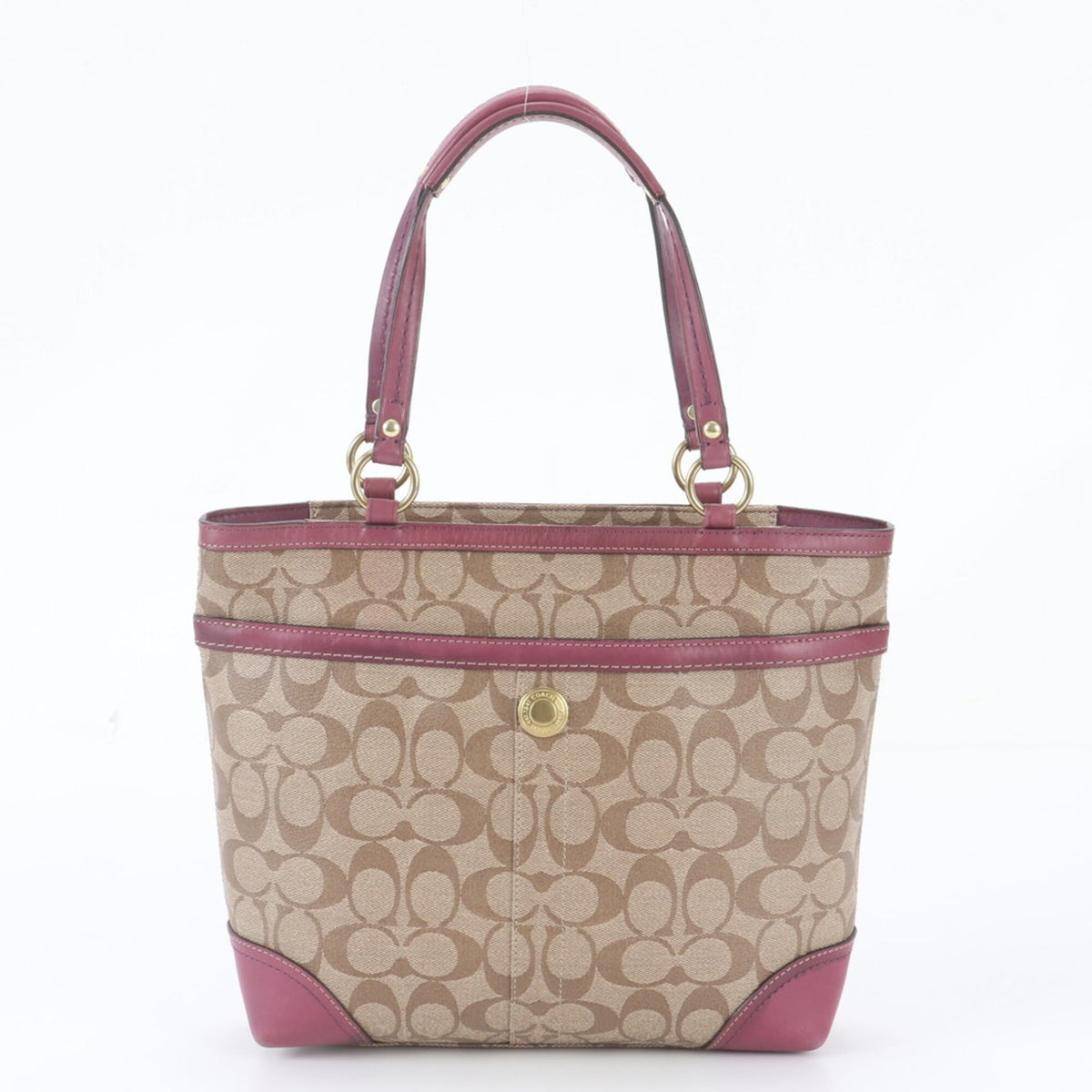 Coach Beige Purple Leather Coated Canvas Handbag Shoulder Bag Tote Bag (Pre-Owned)