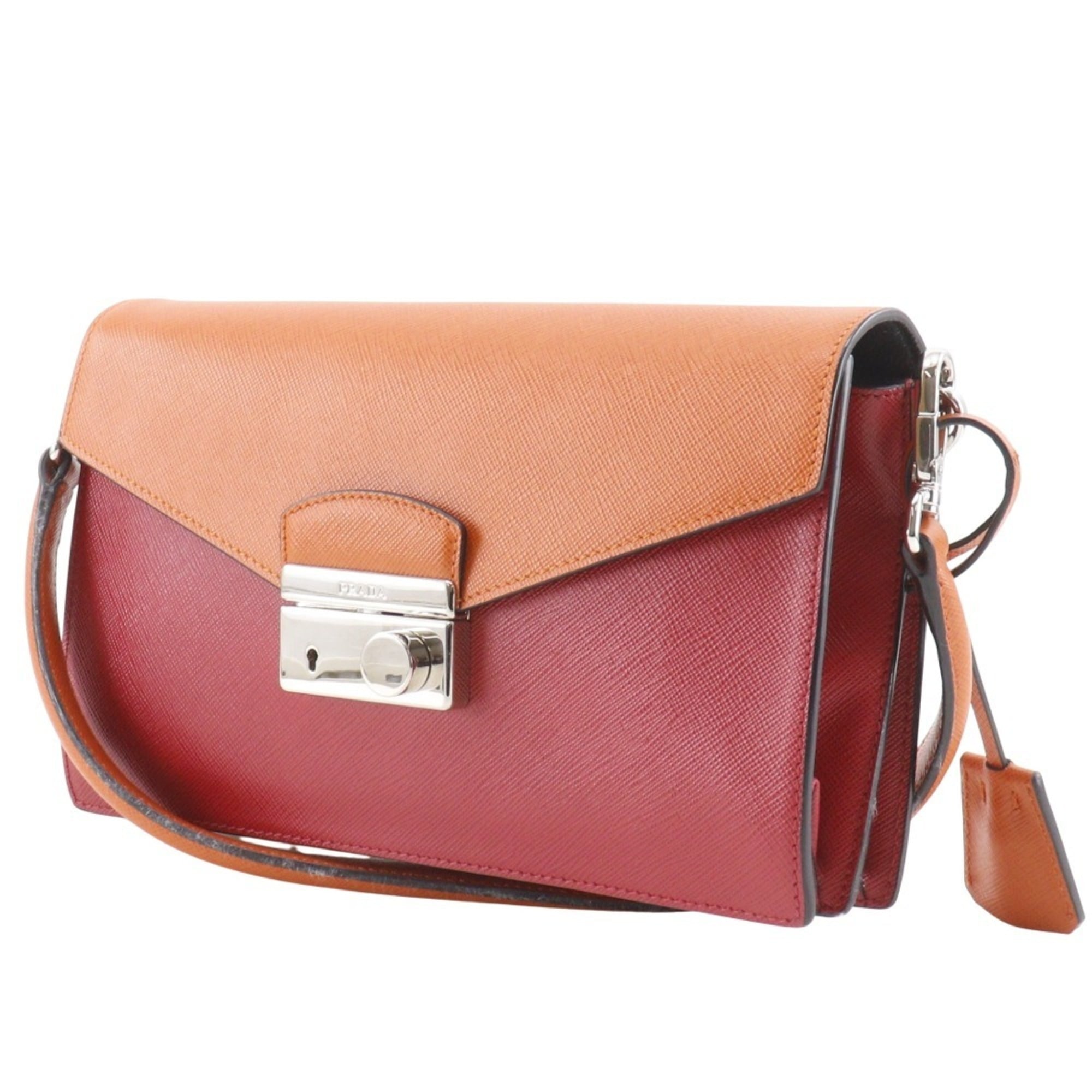 Prada Saffiano Orange Red Color Saffiano Clutch Bag Shoulder Bag (Pre-Owned)