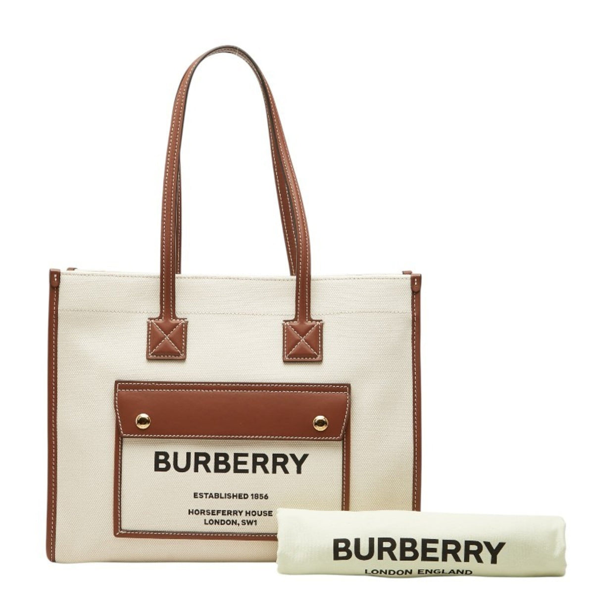 Burberry Brown Ivory Canvas Leather Shoulder Bag Tote Bag (Pre-Owned)