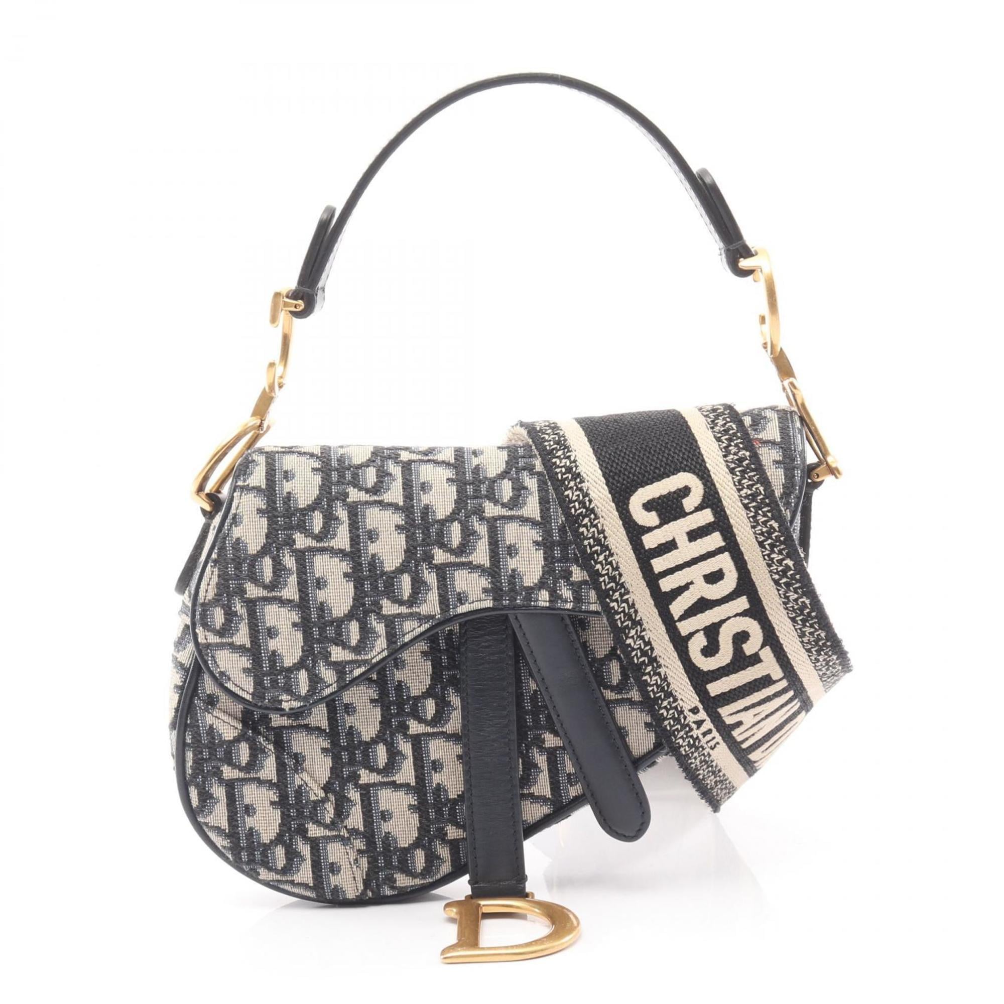 Christian Dior Beige Black Navy Canvas Leather Handbag Saddle Bag (Pre-Owned)