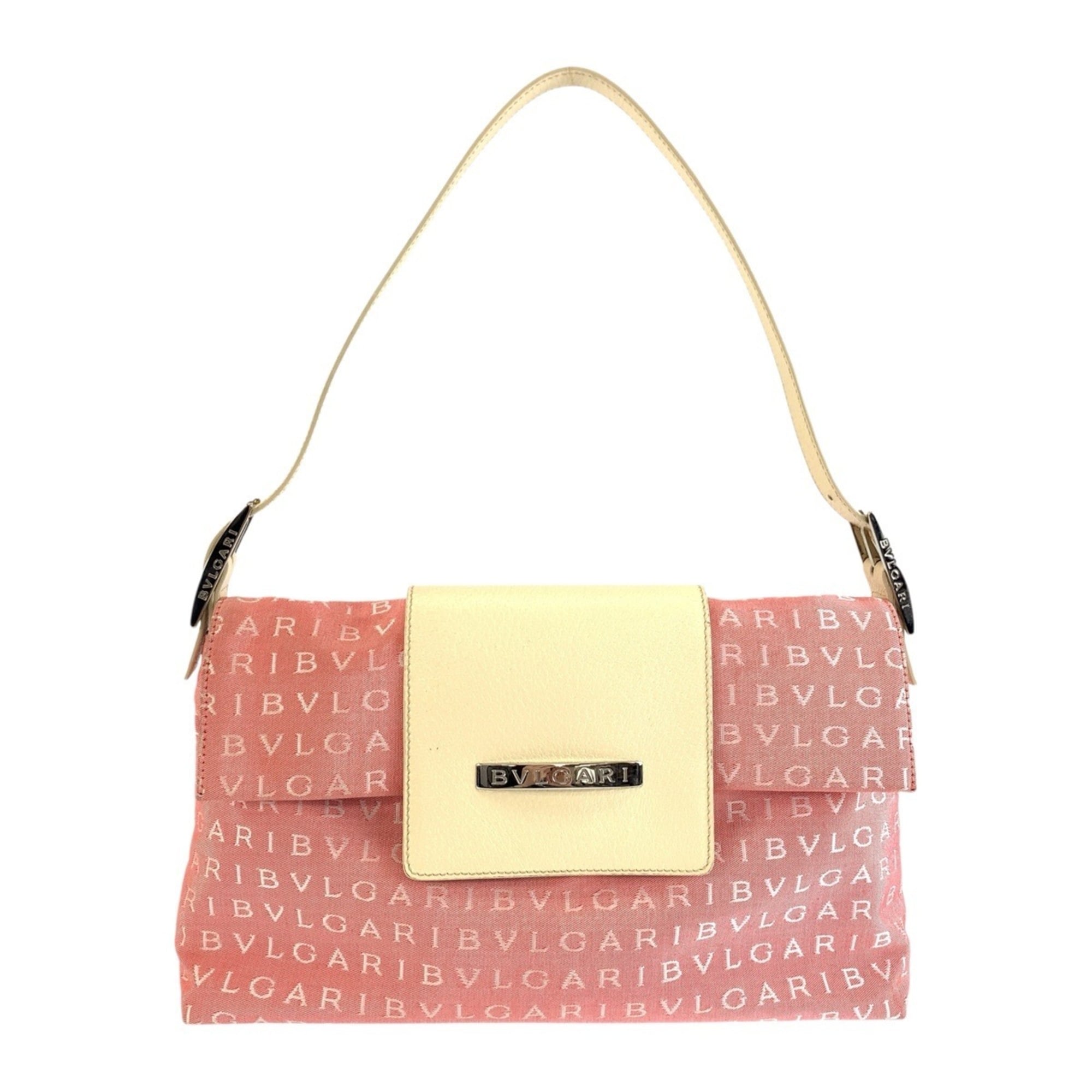 Bvlgari Cream Pink Canvas Leather Handbag Shoulder Bag (Pre-Owned)