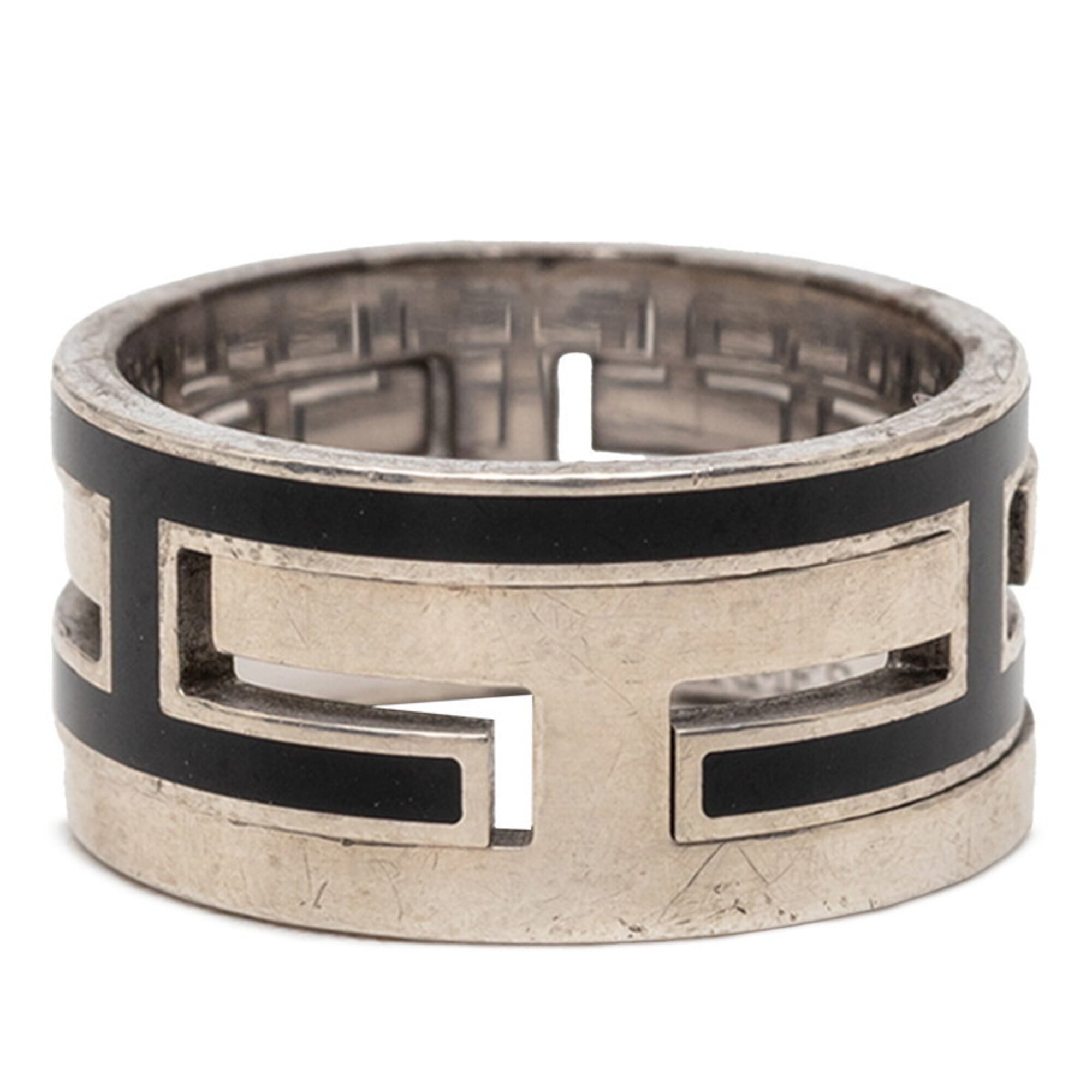 Hermes Black Silver Silver 925 Band Ring (Pre-Owned)