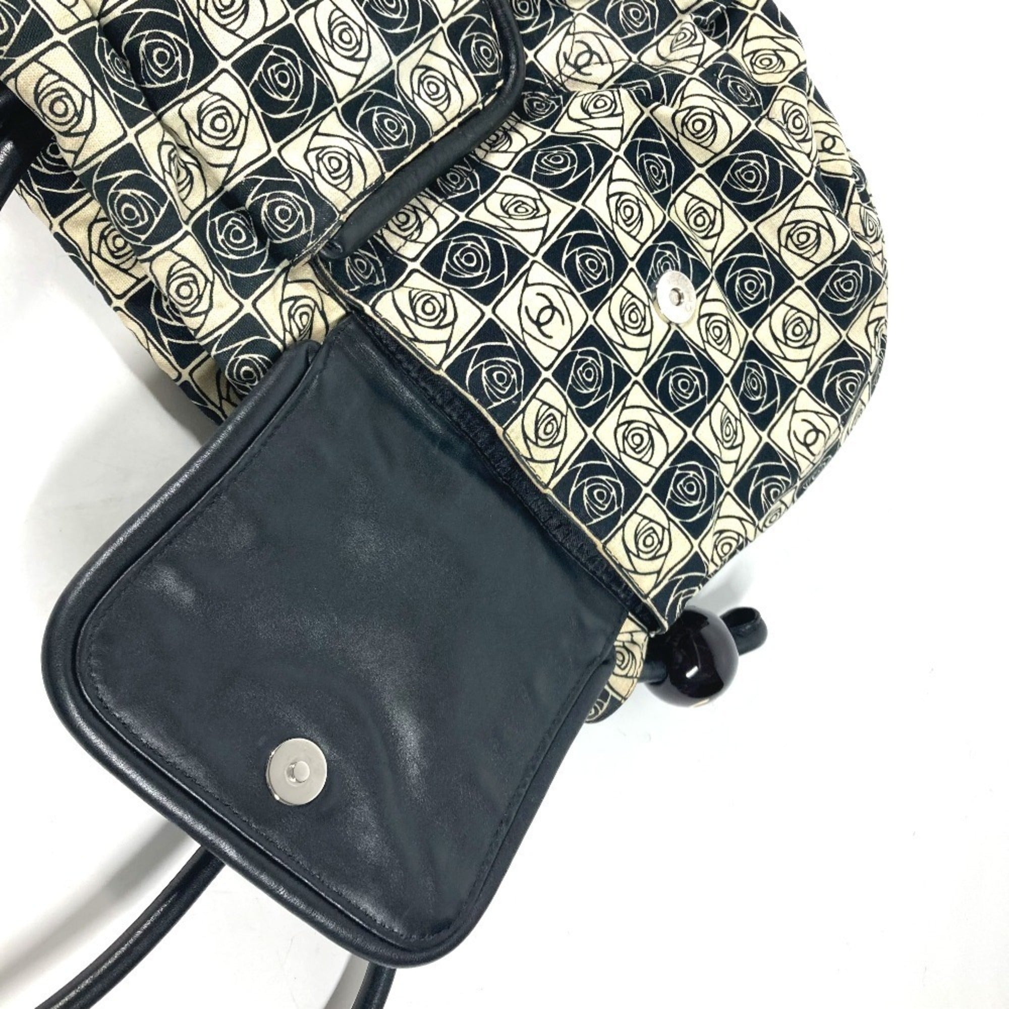 Chanel Beige Black Leather Canvas Shoulder Bag Tote Bag (Pre-Owned)
