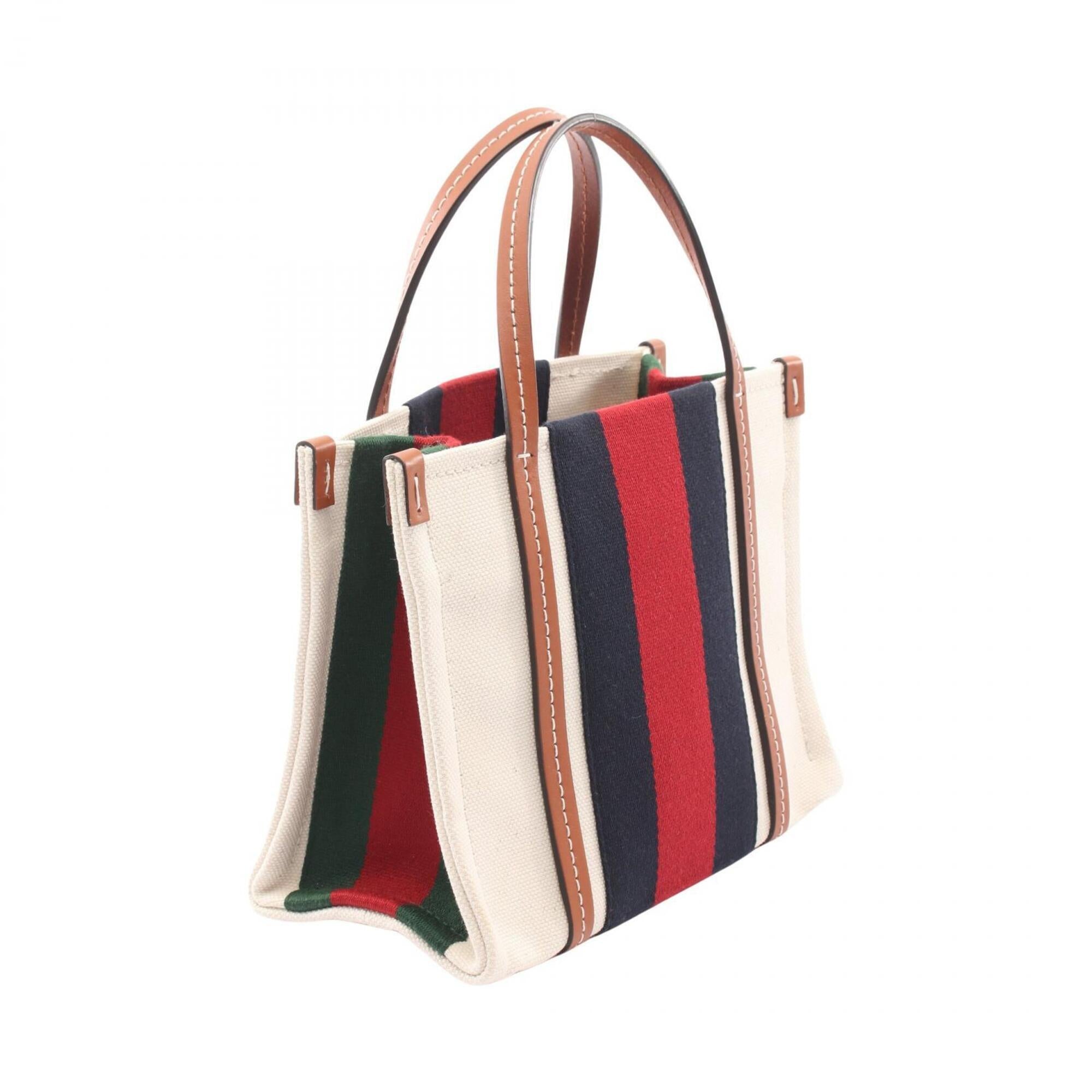 Gucci Brown Multi-Color White Canvas Leather Handbag Tote Bag (Pre-Owned)