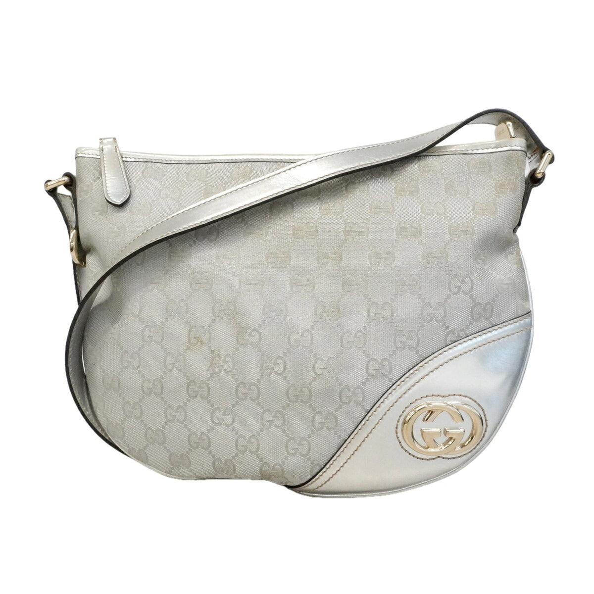 Gucci Silver Canvas Leather Shoulder Bag (Pre-Owned)