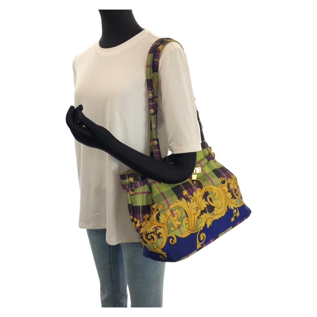 Versace Blue Green Yellow Canvas Shoulder Bag Tote Bag (Pre-Owned)