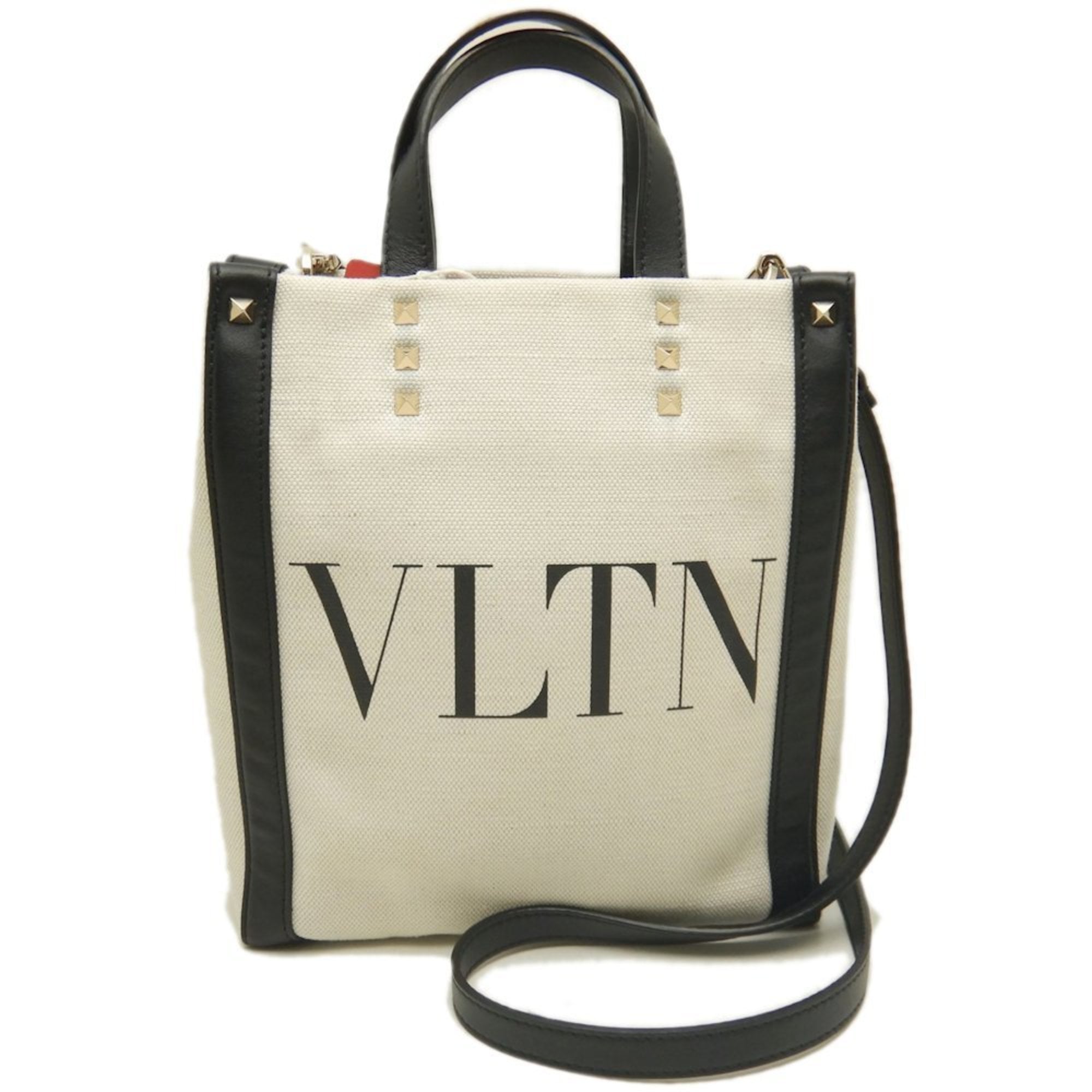 Valentino Garavani Black White Canvas Leather Tote Bag (Pre-Owned)