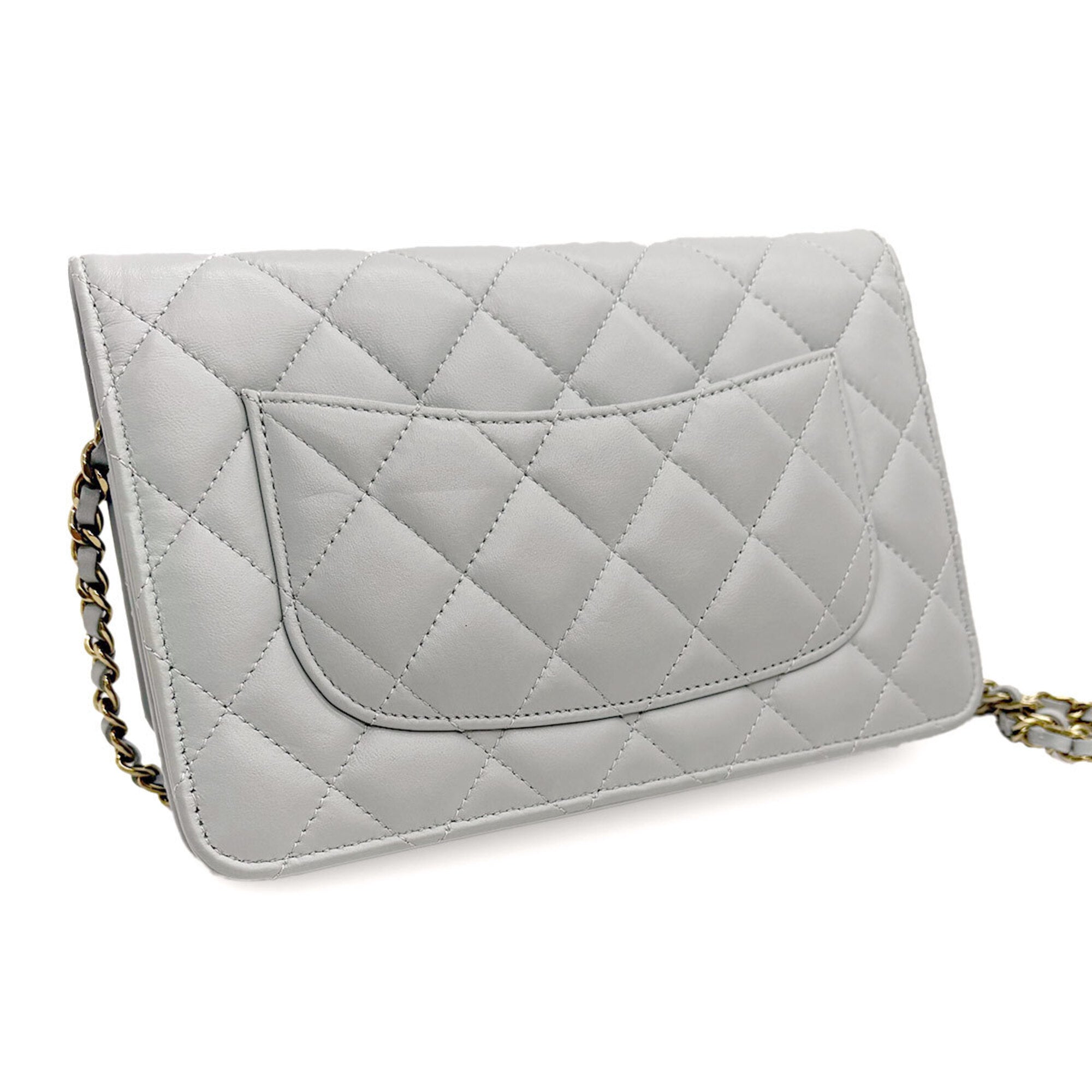 Chanel Light Gray Leather Chain/Shoulder Wallet (Pre-Owned)