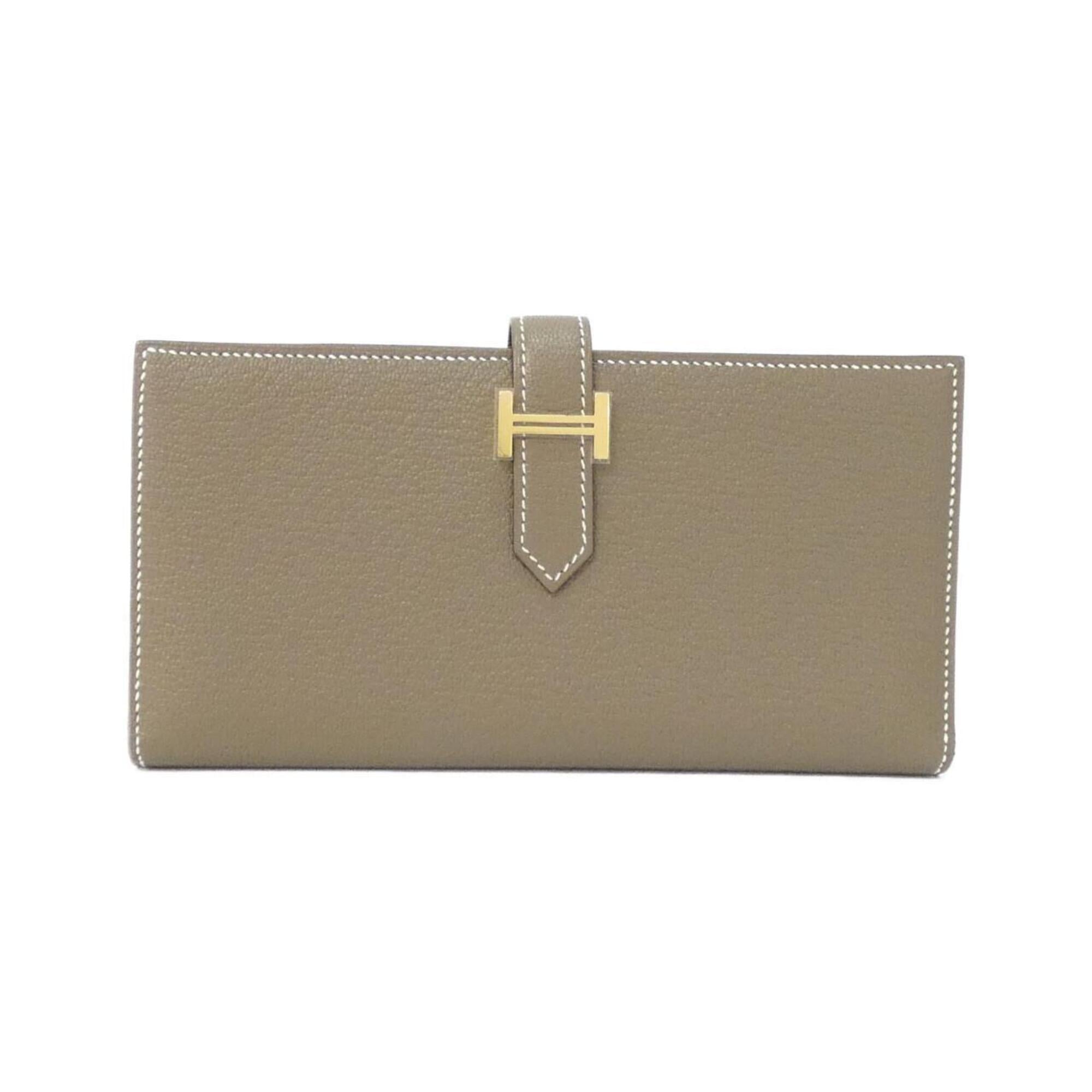 Hermes Beige Etoupe Gray Chevre Leather Long Wallet (Bi-Fold) (Pre-Owned)
