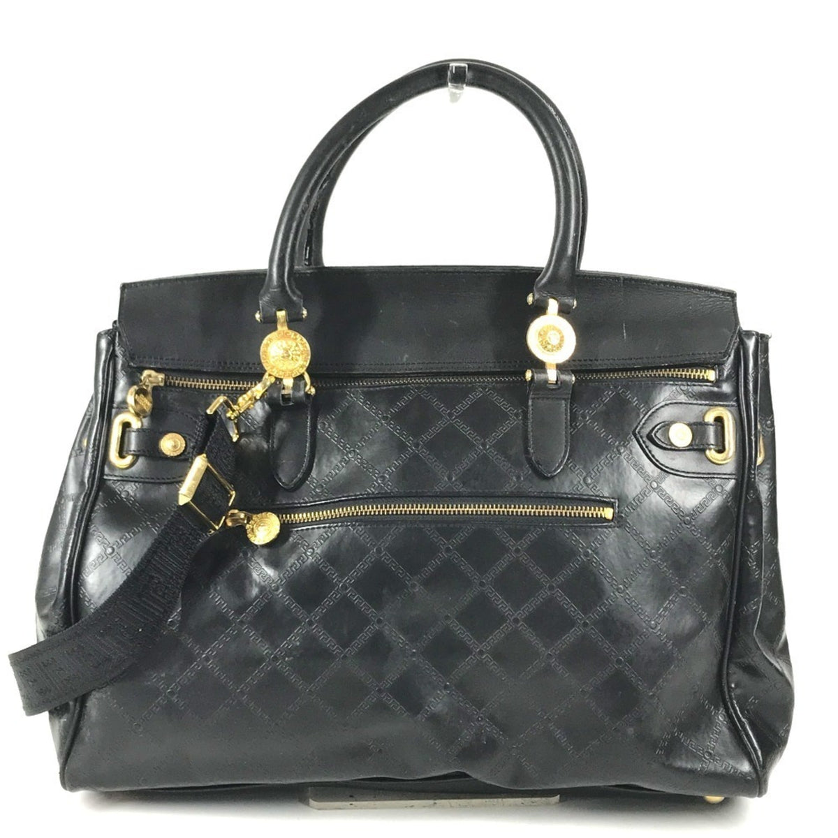 Versace Black Leather Boston Bag Handbag (Pre-Owned)