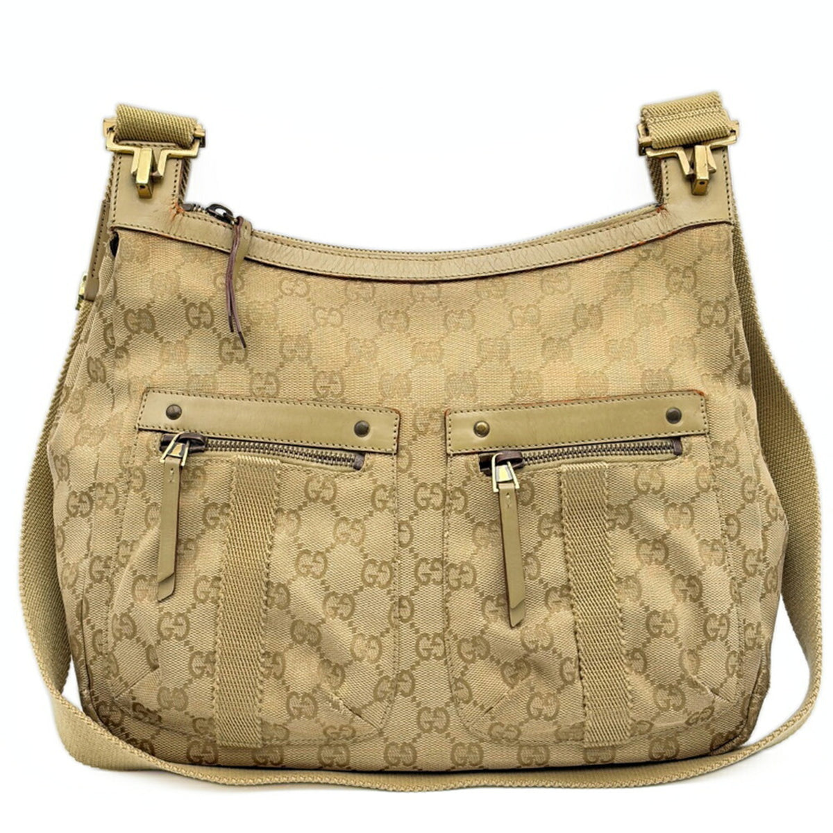 Gucci Gg Canvas Beige Gg Canvas Leather Shoulder Bag (Pre-Owned)