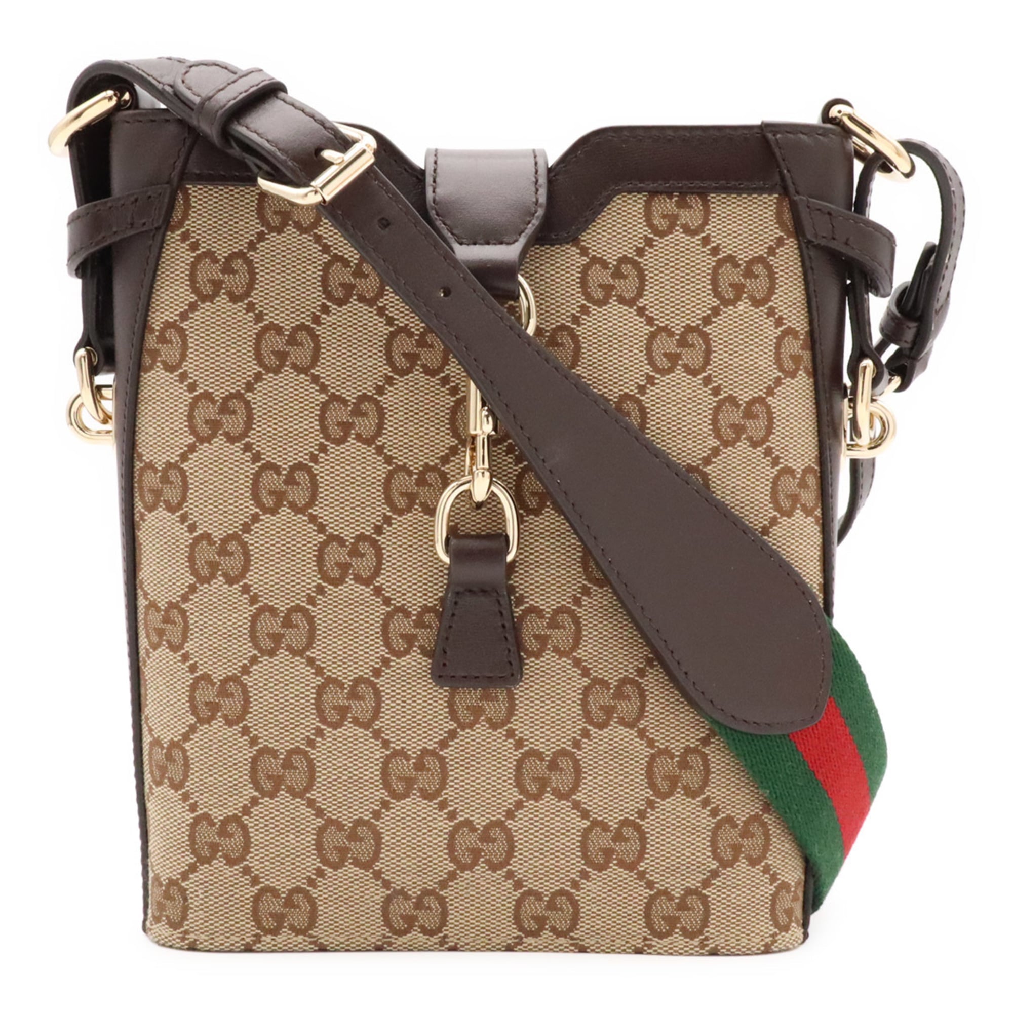 Gucci Beige Dark Brown Green Red Color Canvas Leather Shoulder Bag (Pre-Owned)