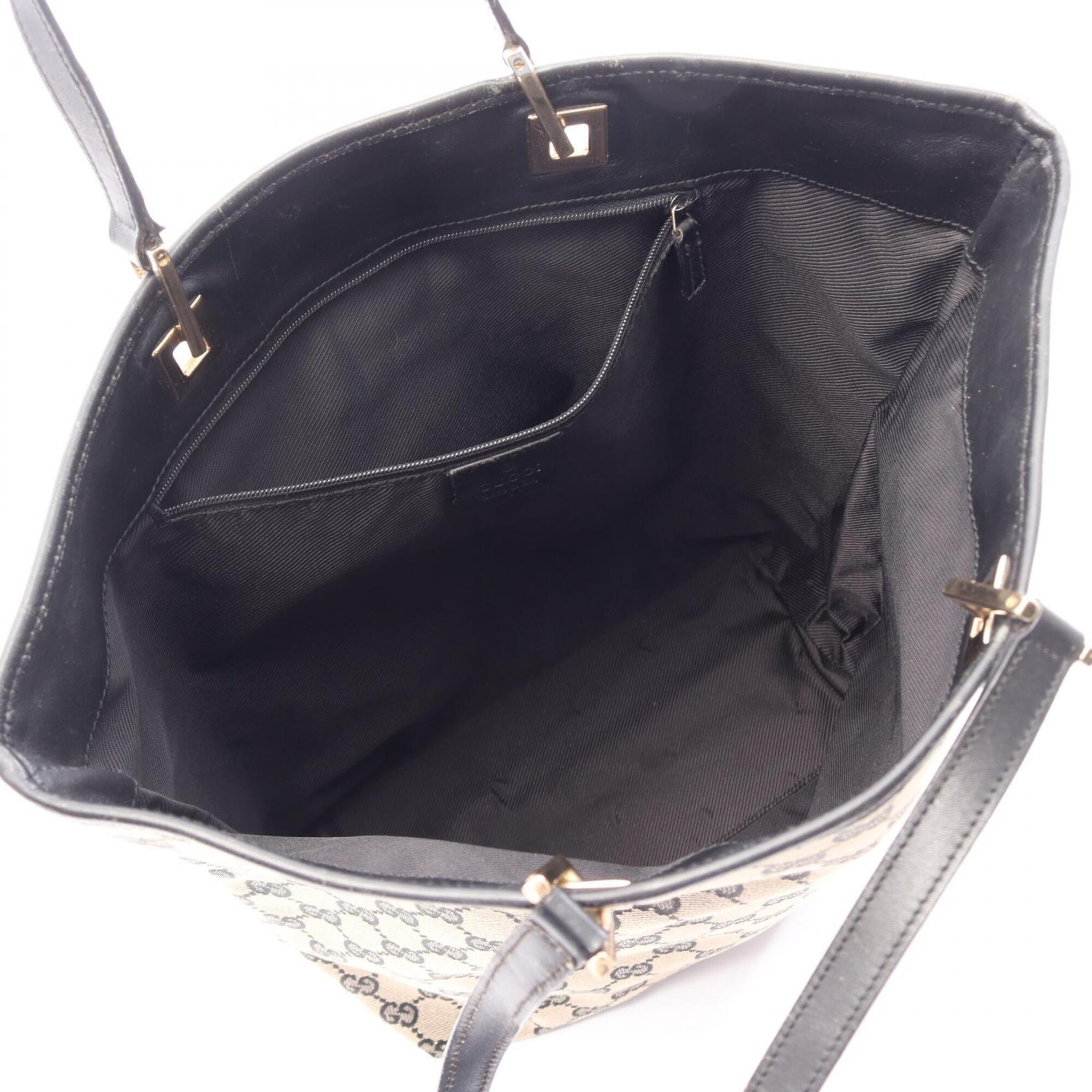 Gucci Beige Black Canvas Leather Handbag Tote Bag (Pre-Owned)