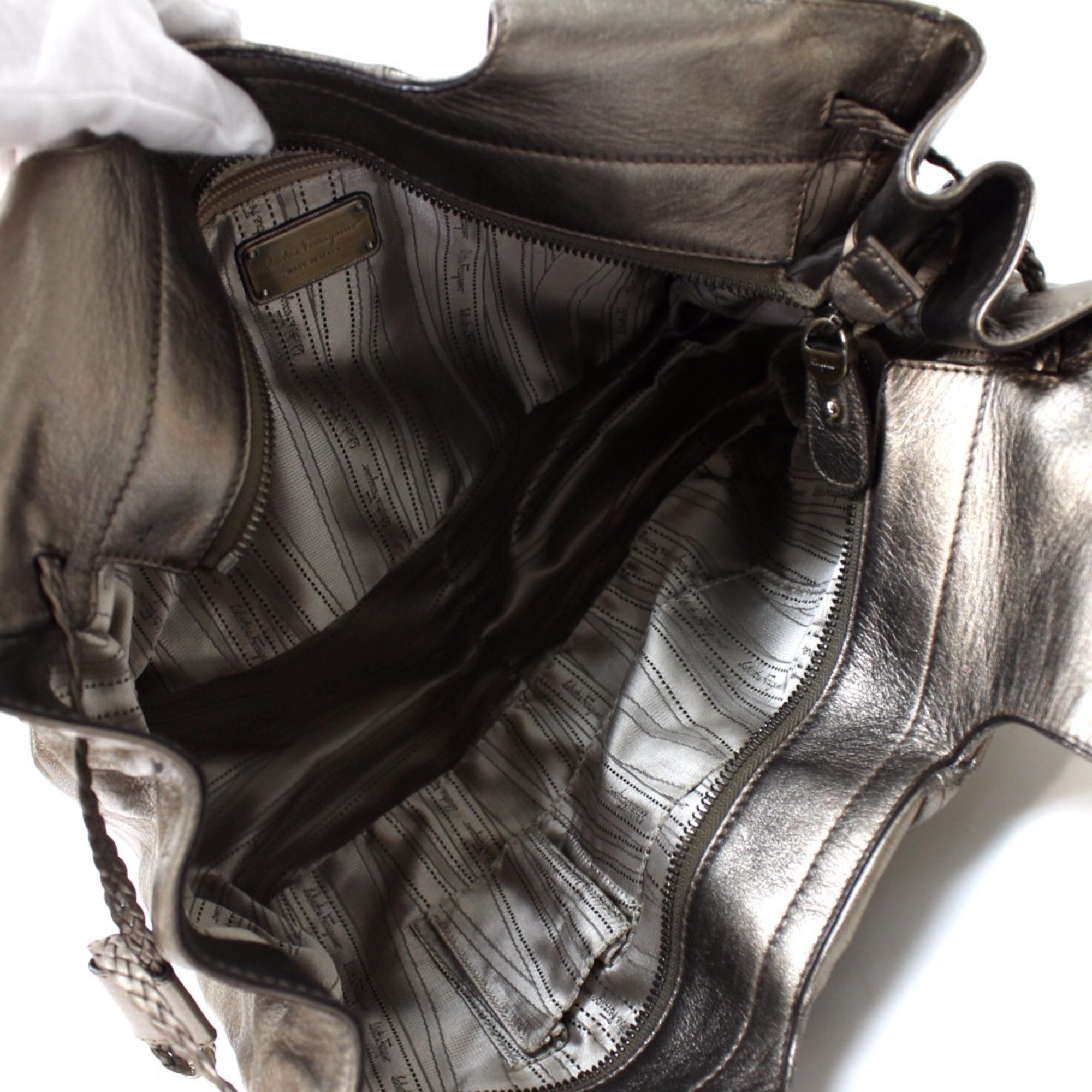 Salvatore Ferragamo Gancini Bronze Gray Leather Handbag Shoulder Bag Tote Bag (Pre-Owned)