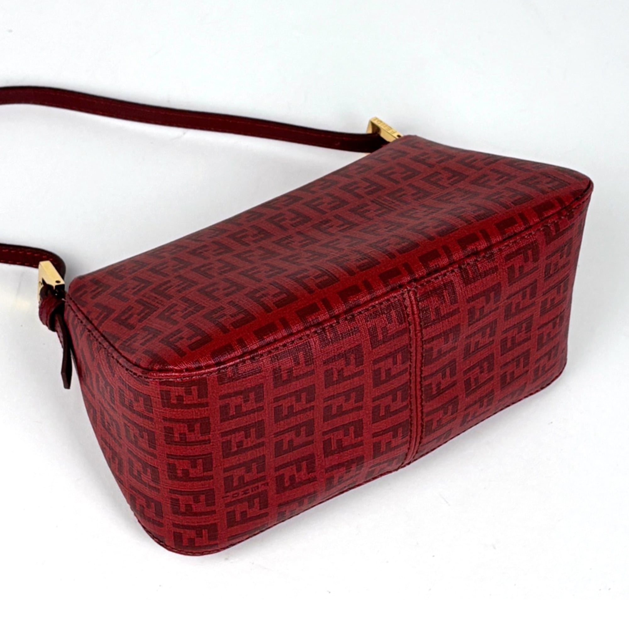 Fendi Zucchino Red Color Coated Canvas Leather Shoulder Bag (Pre-Owned)