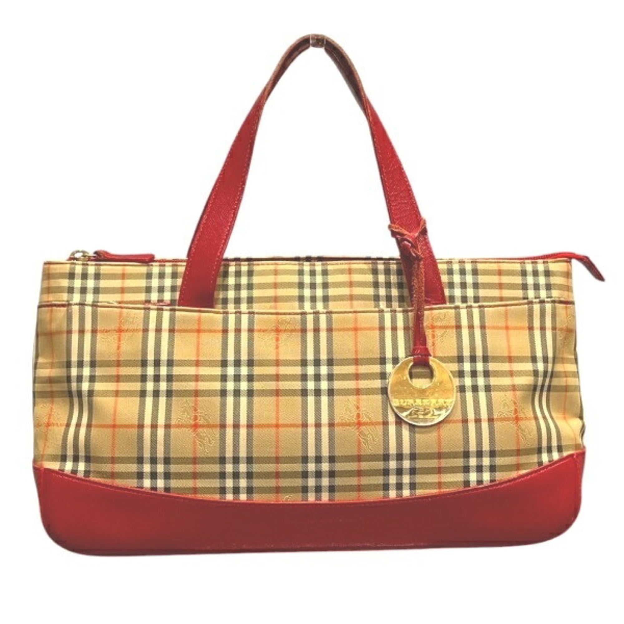 Burberry Beige Red Color Canvas Handbag (Pre-Owned)