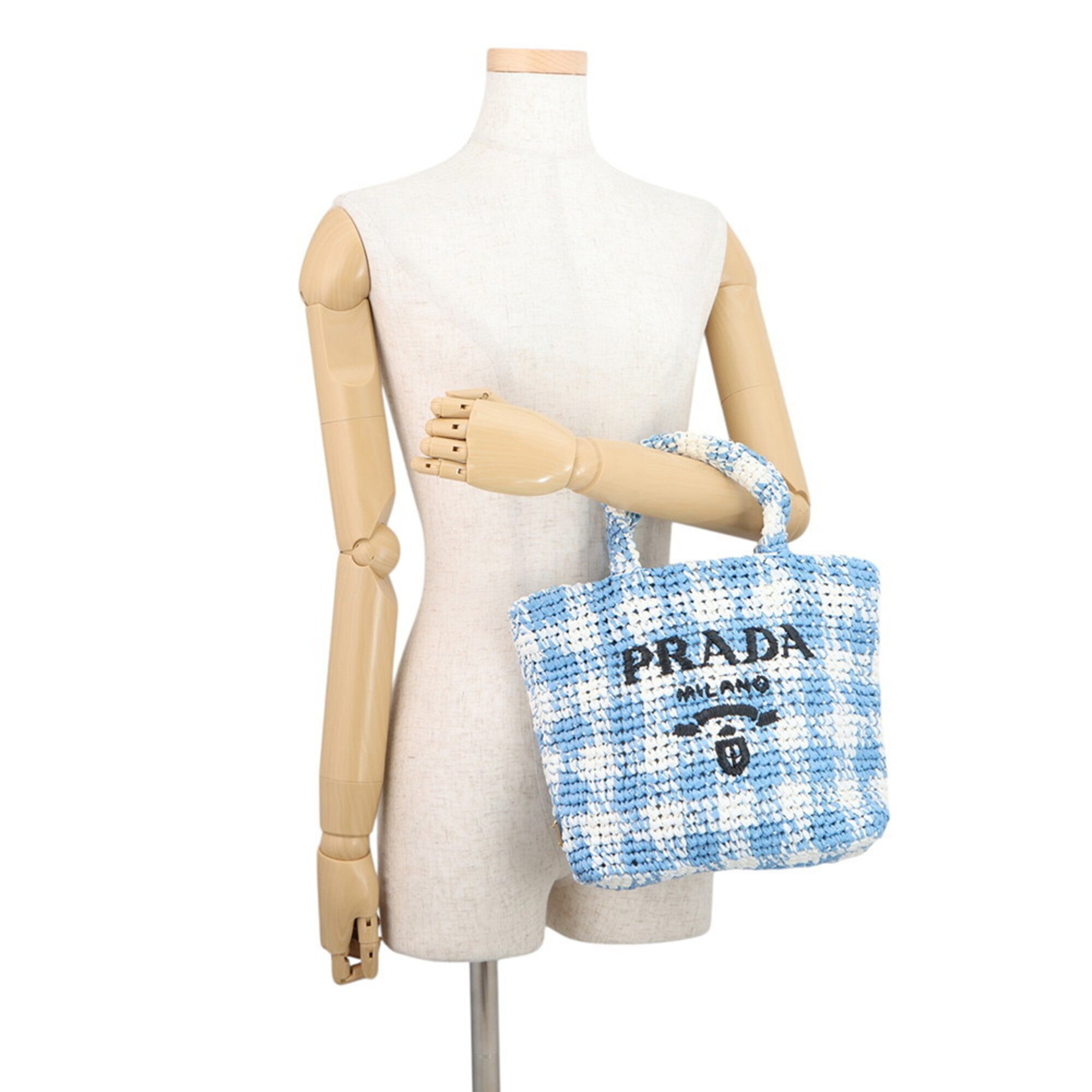 Prada Blue White Raffia Handbag Tote Bag (Pre-Owned)