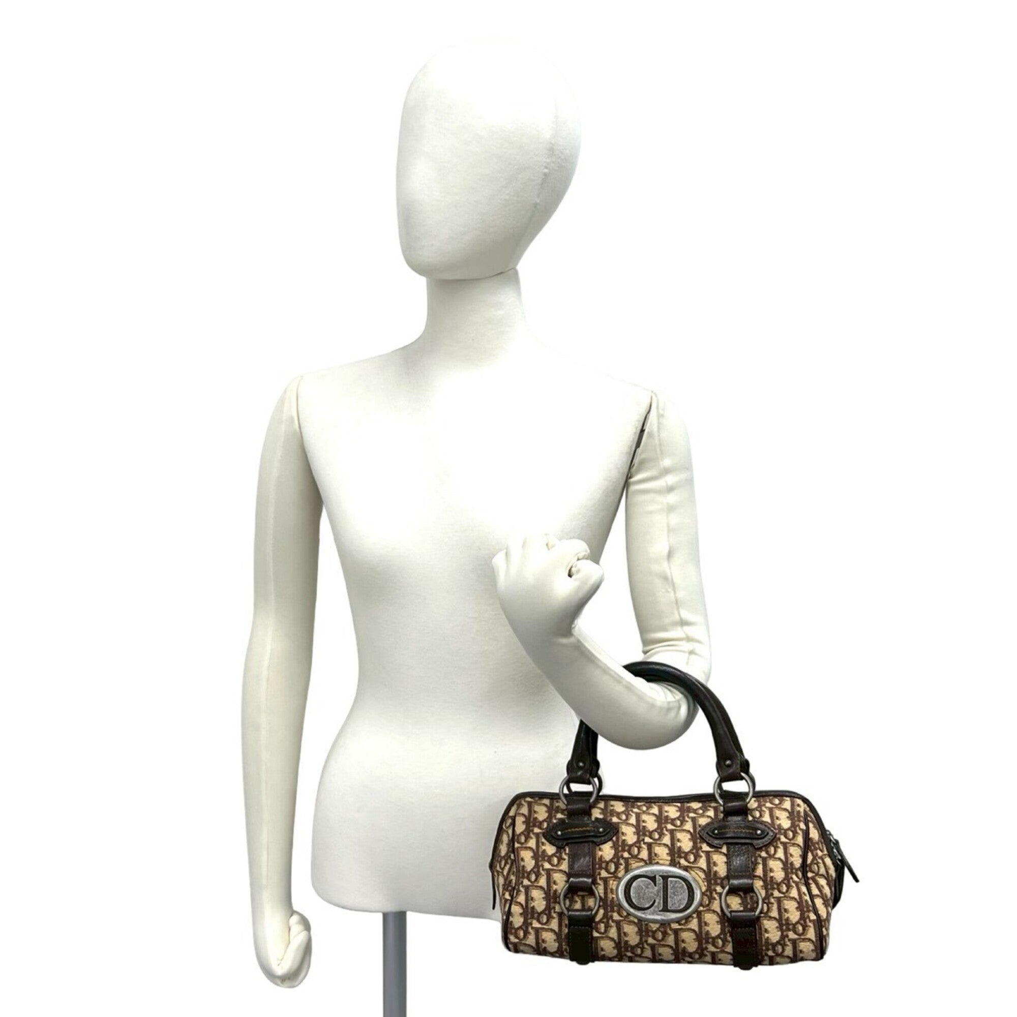 Christian Dior Brown Canvas Leather Boston Bag Handbag (Pre-Owned)