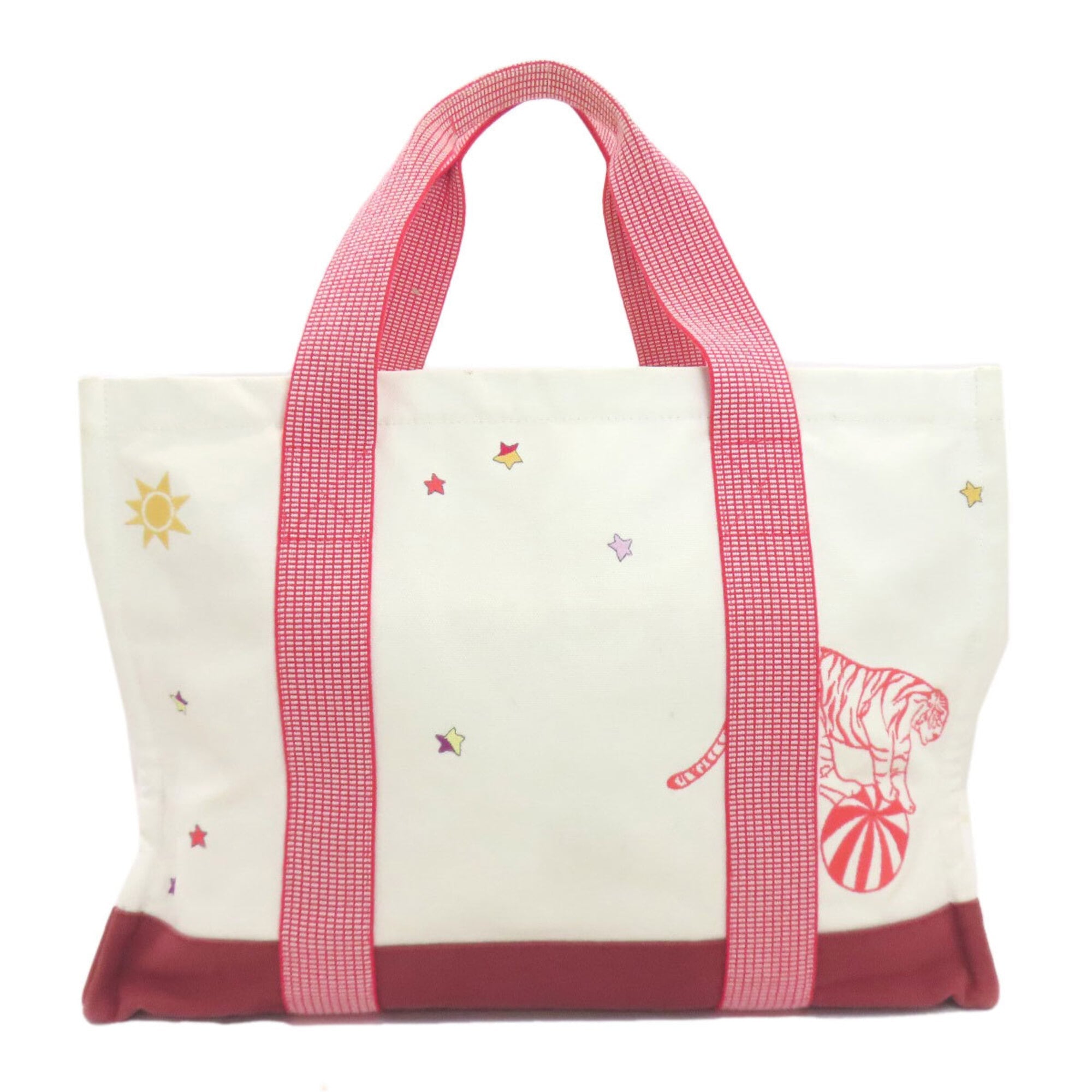 Hermes Red Color White Canvas Tote Bag (Pre-Owned)