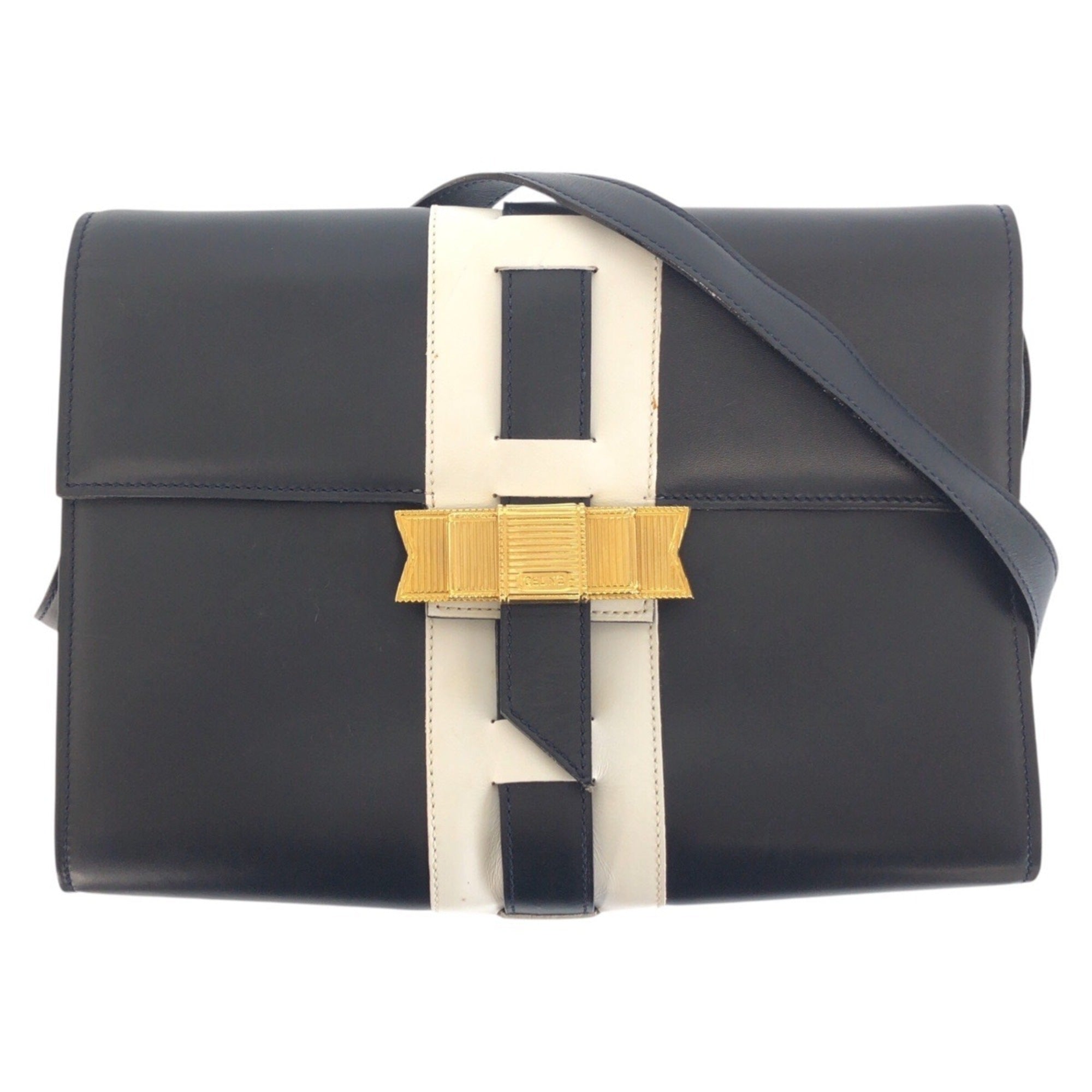 Celine Navy White Leather Pochette Shoulder Bag (Pre-Owned)
