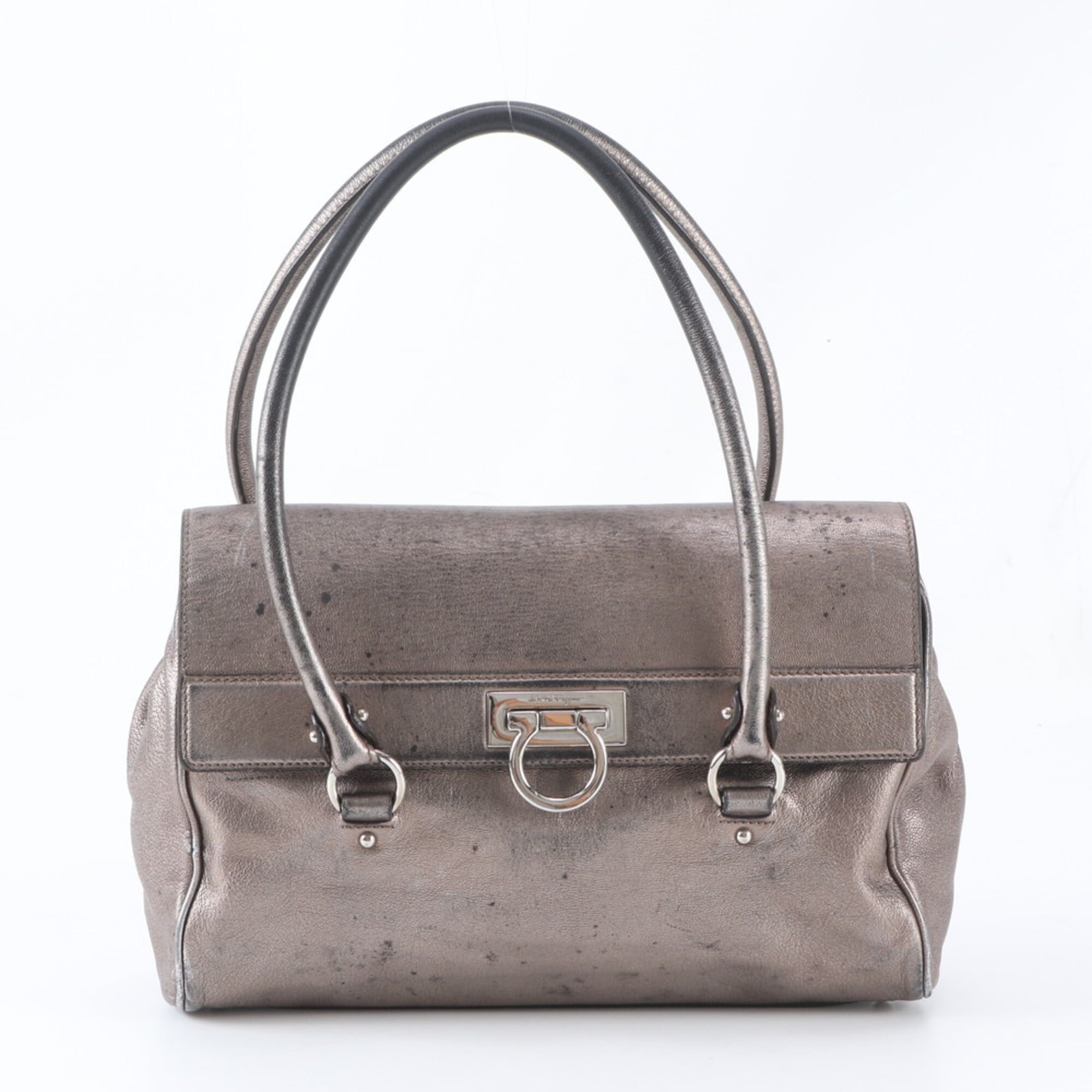 Salvatore Ferragamo Gancini Grayish Leather Handbag Shoulder Bag Tote Bag (Pre-Owned)