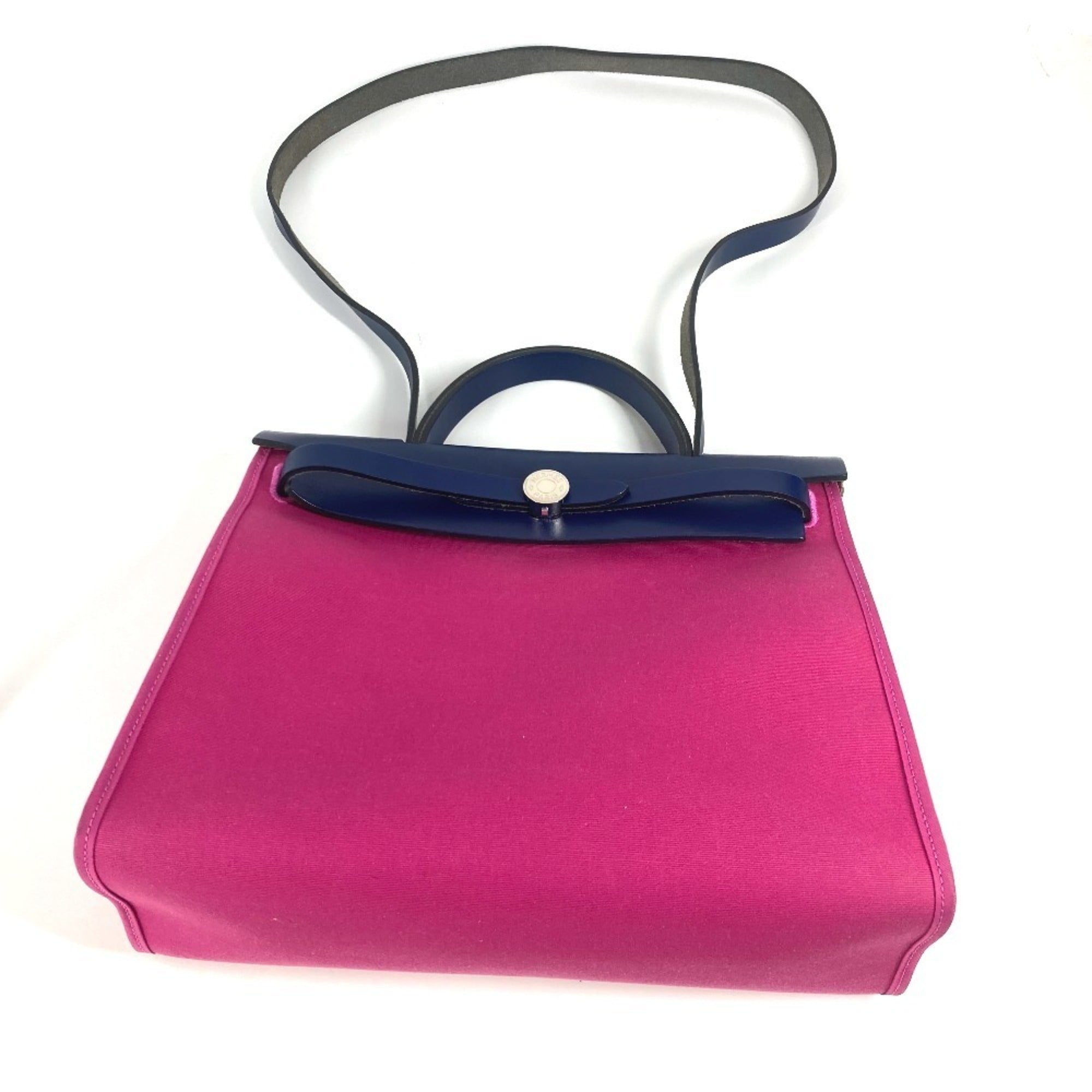Hermes Blue Pink Toile Officier Vache Leather Handbag Shoulder Bag (Pre-Owned)