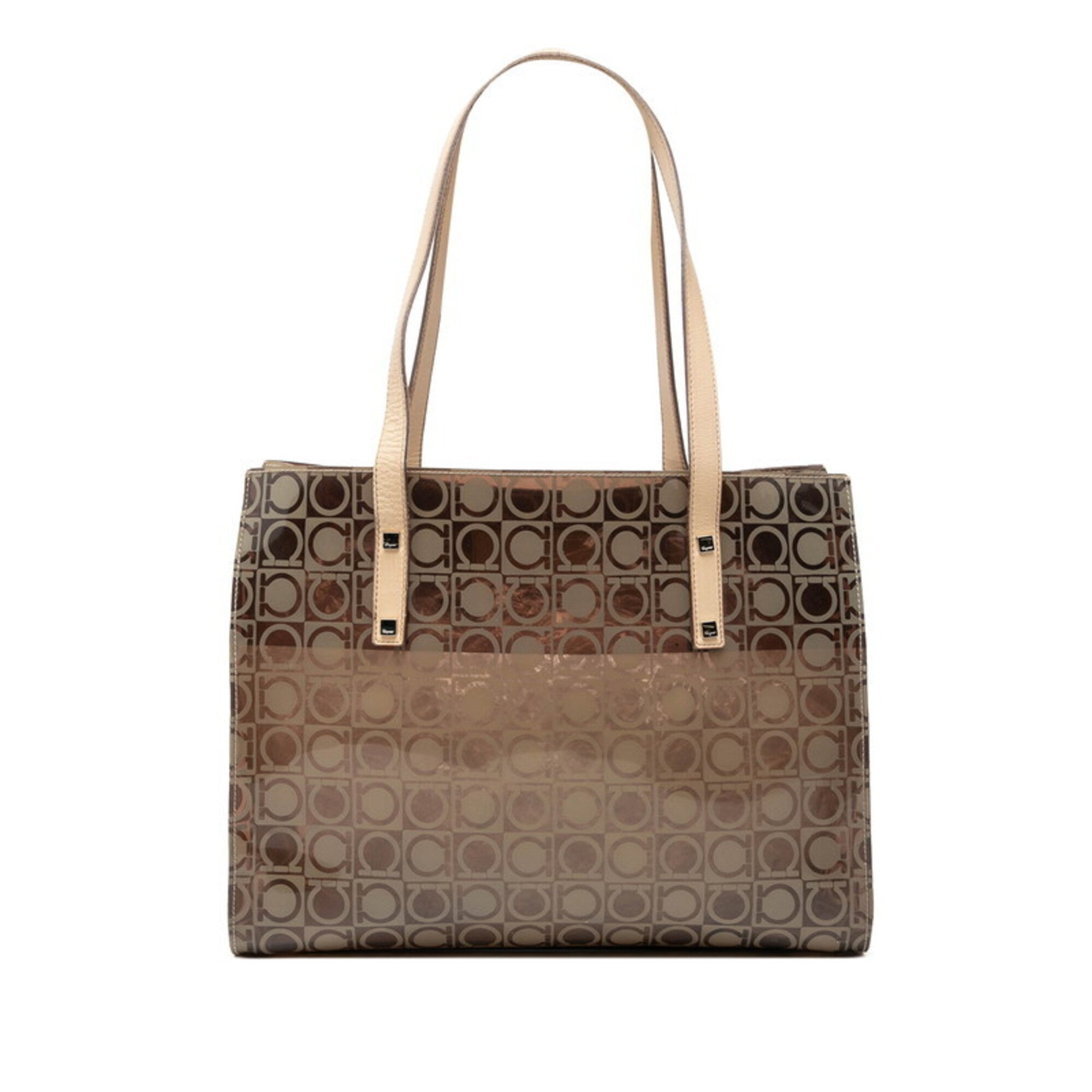 Salvatore Ferragamo Beige Brown Vinyl Leather Shoulder Bag Tote Bag (Pre-Owned)