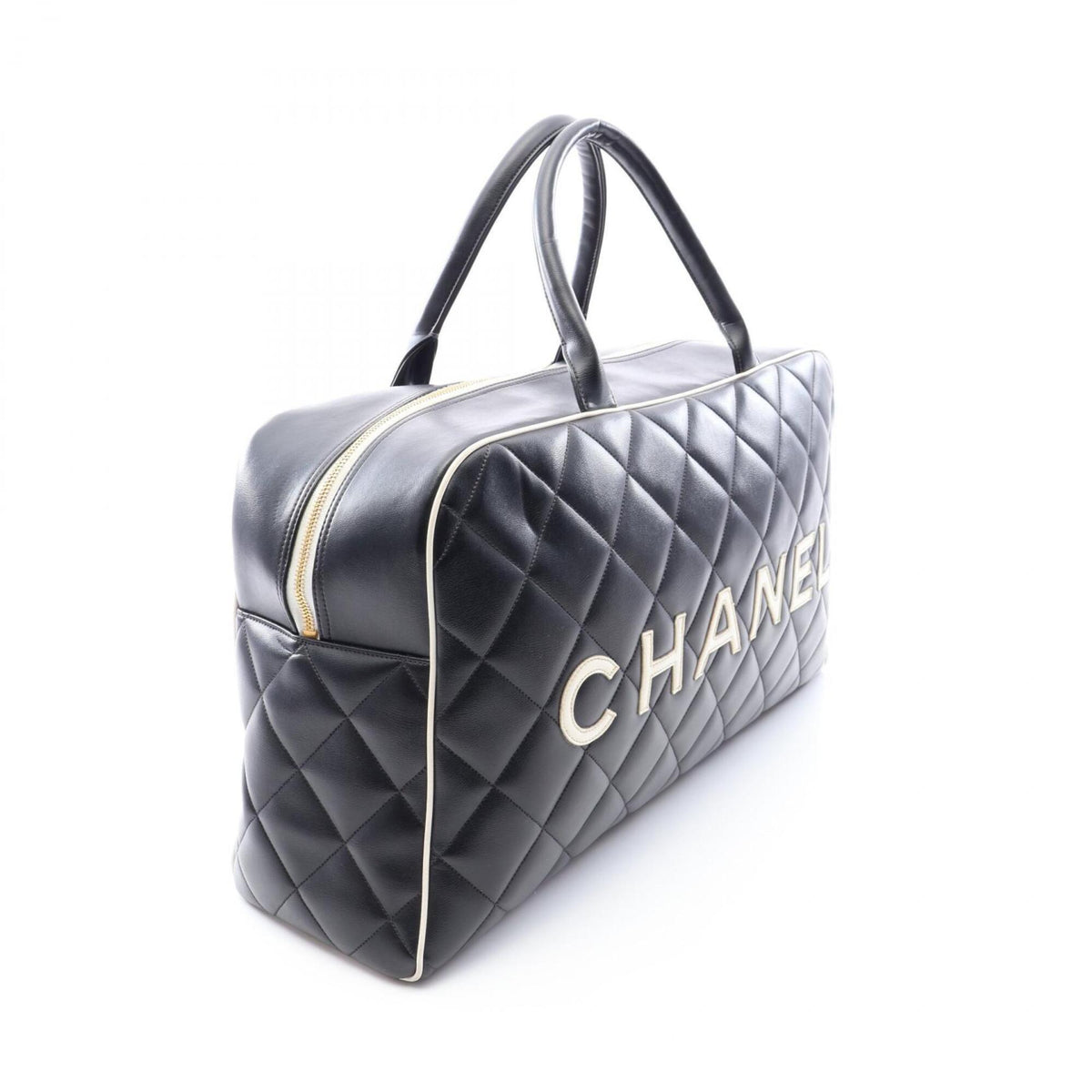 Chanel Black White Leather Boston Bag Handbag (Pre-Owned)