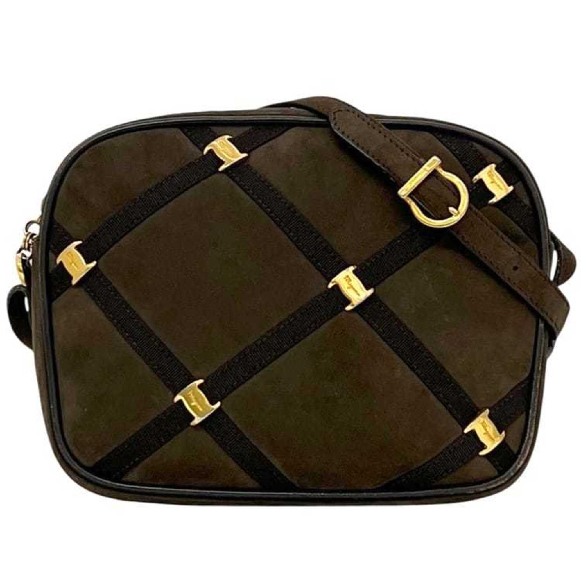 Salvatore Ferragamo Vara Brown Suede Leather Shoulder Bag (Pre-Owned)