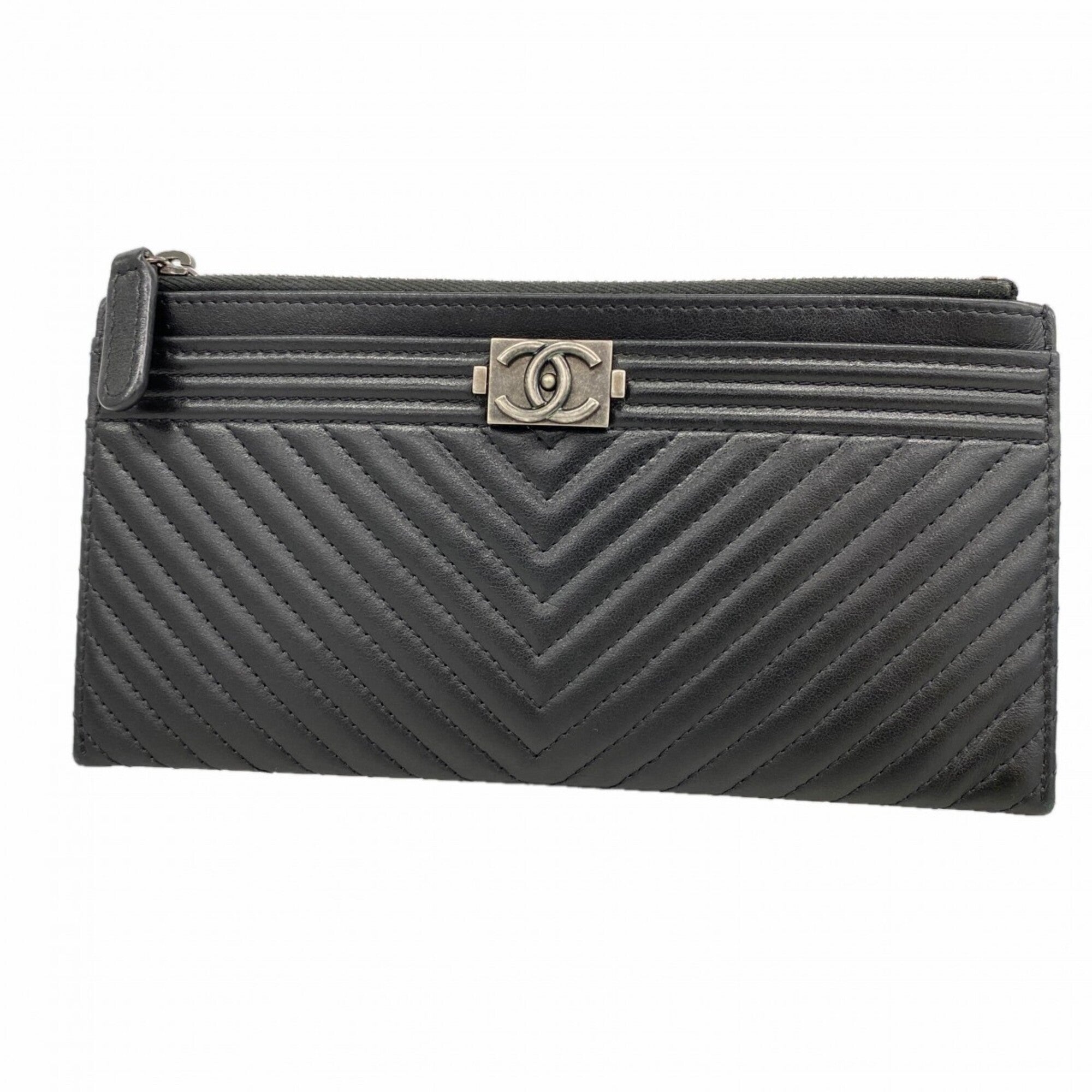 Chanel Black Leather Long Wallet (Bi-Fold) (Pre-Owned)