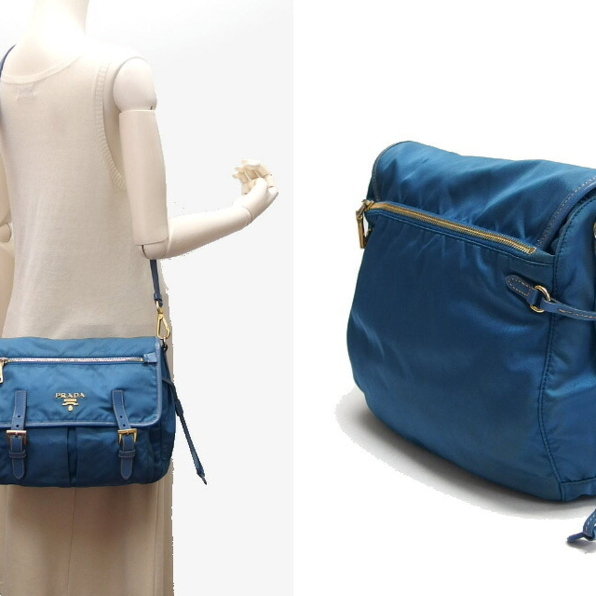 Prada Saffiano Blue Nylon Leather Shoulder Bag (Pre-Owned)