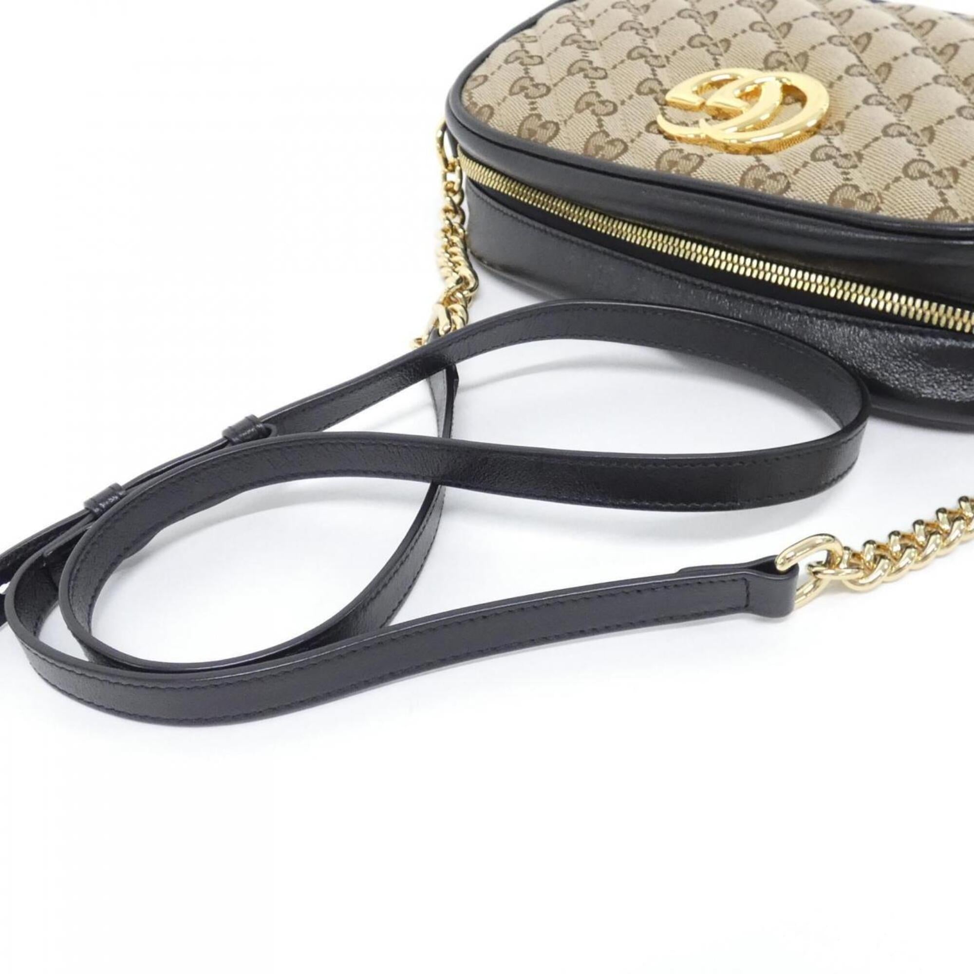 Gucci Beige Black Gg Canvas Leather Shoulder Bag (Pre-Owned)