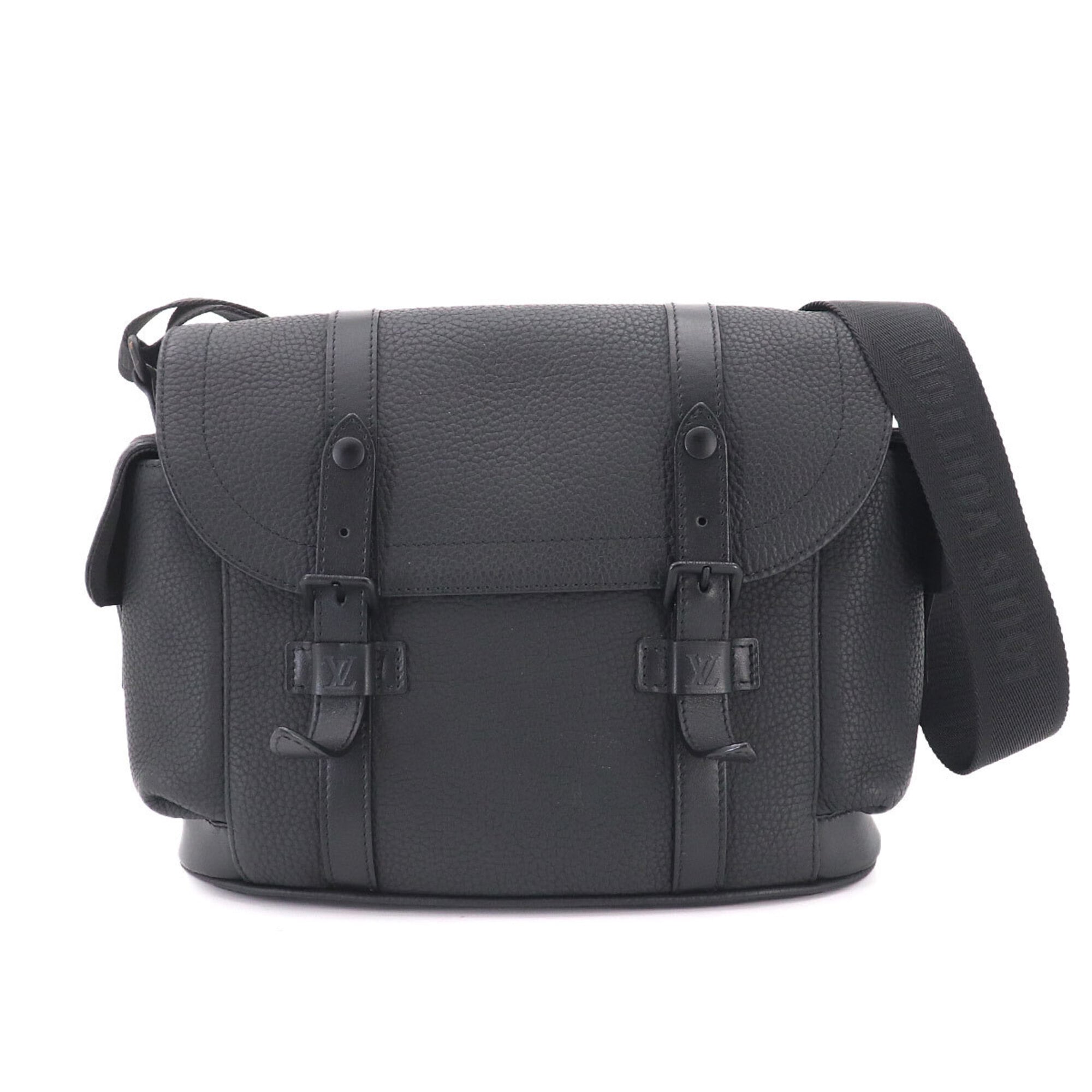 Louis Vuitton Noir Leather Messenger Bag Shoulder Bag (Pre-Owned)