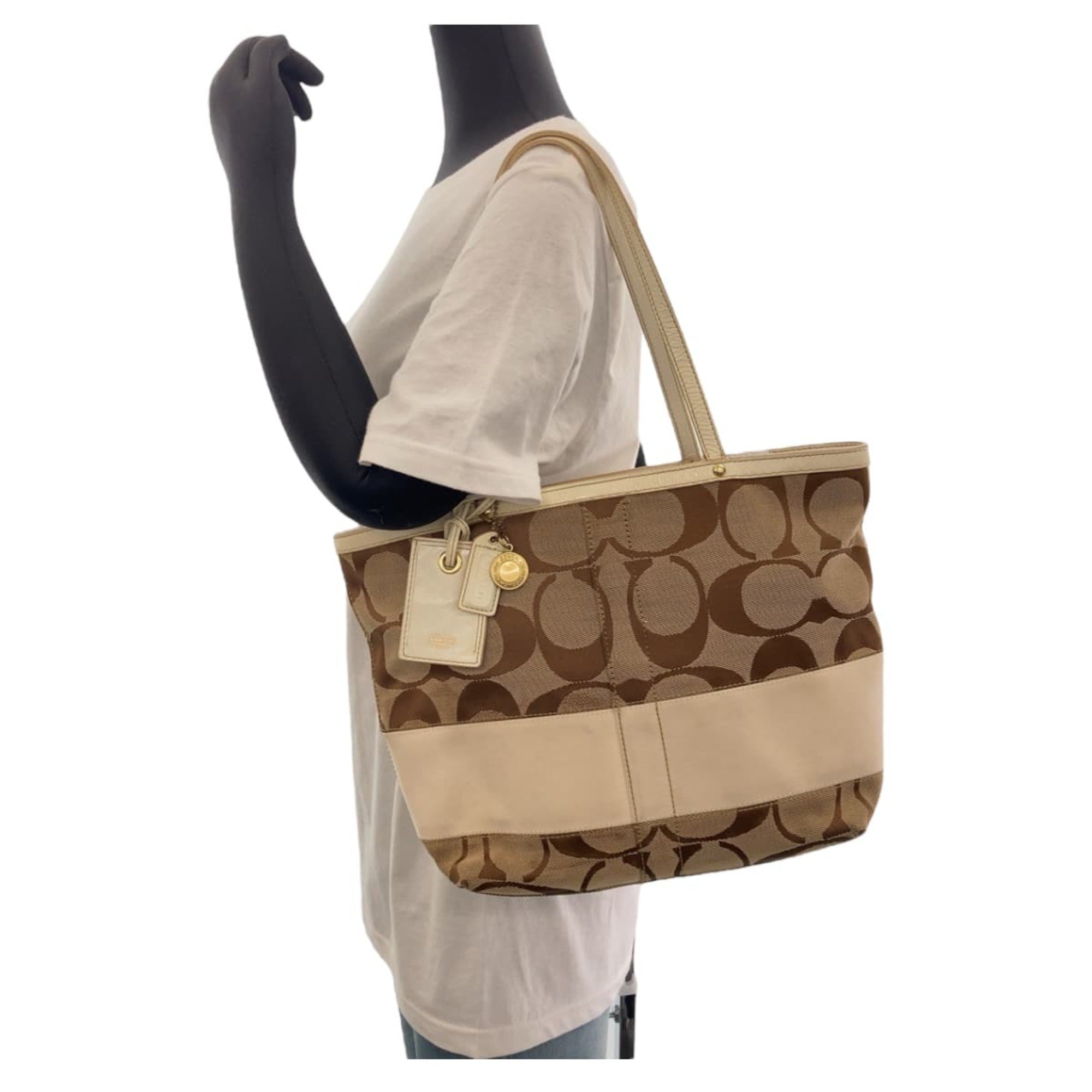 Coach Beige Brown White Canvas Leather Shoulder Bag Tote Bag (Pre-Owned)