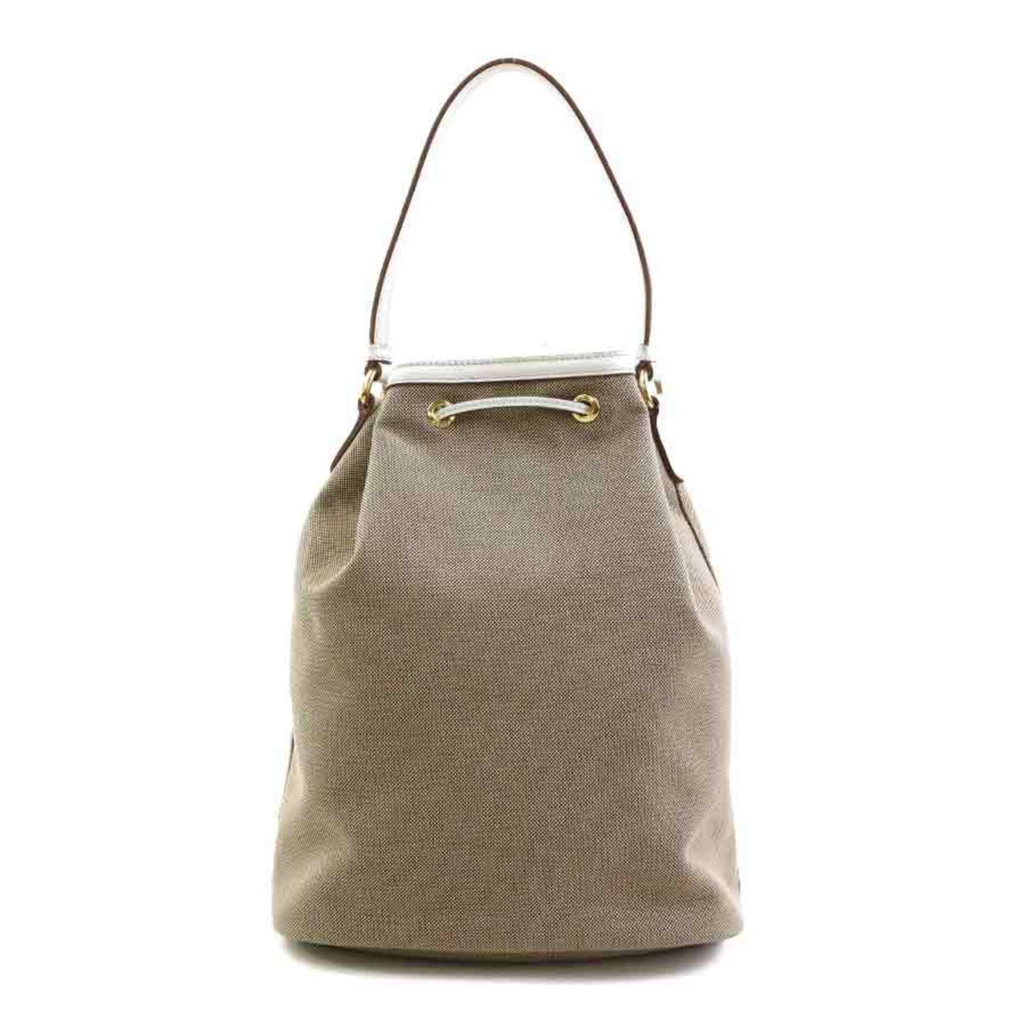 Prada Brown White Canvas Leather Handbag Shoulder Bag (Pre-Owned)