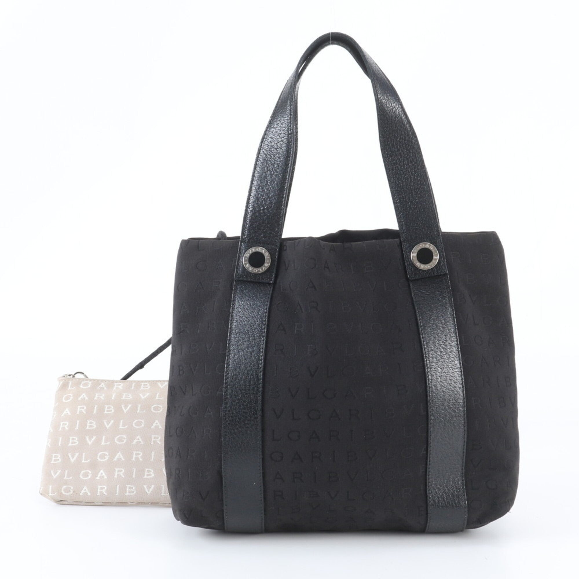 Bvlgari Black Leather Canvas Handbag Pouch Tote Bag (Pre-Owned)