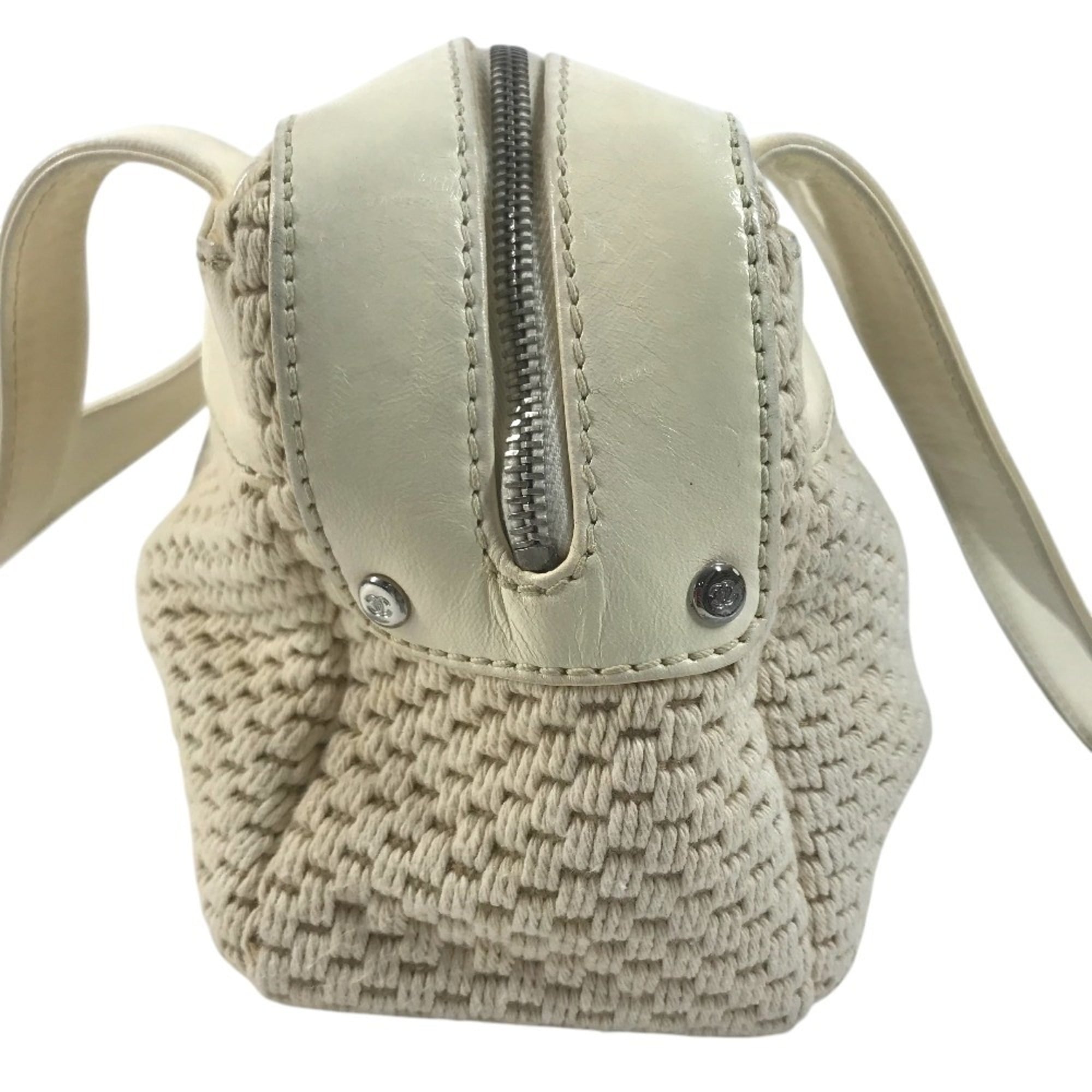 Chanel Beige Ivory Leather Canvas Handbag Shoulder Bag (Pre-Owned)