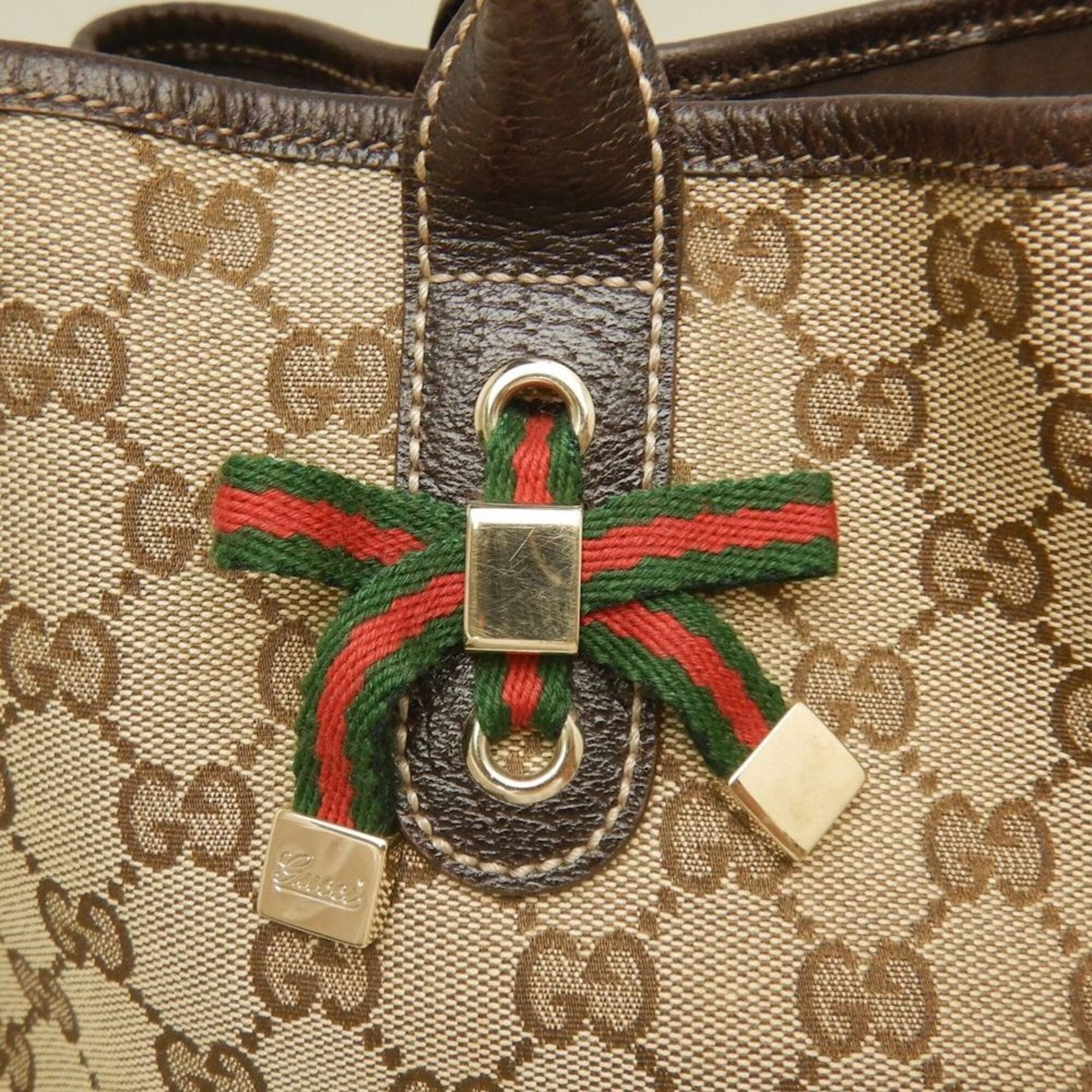 Gucci Gg Canvas Beige Brown Gg Canvas Leather Tote Bag (Pre-Owned)
