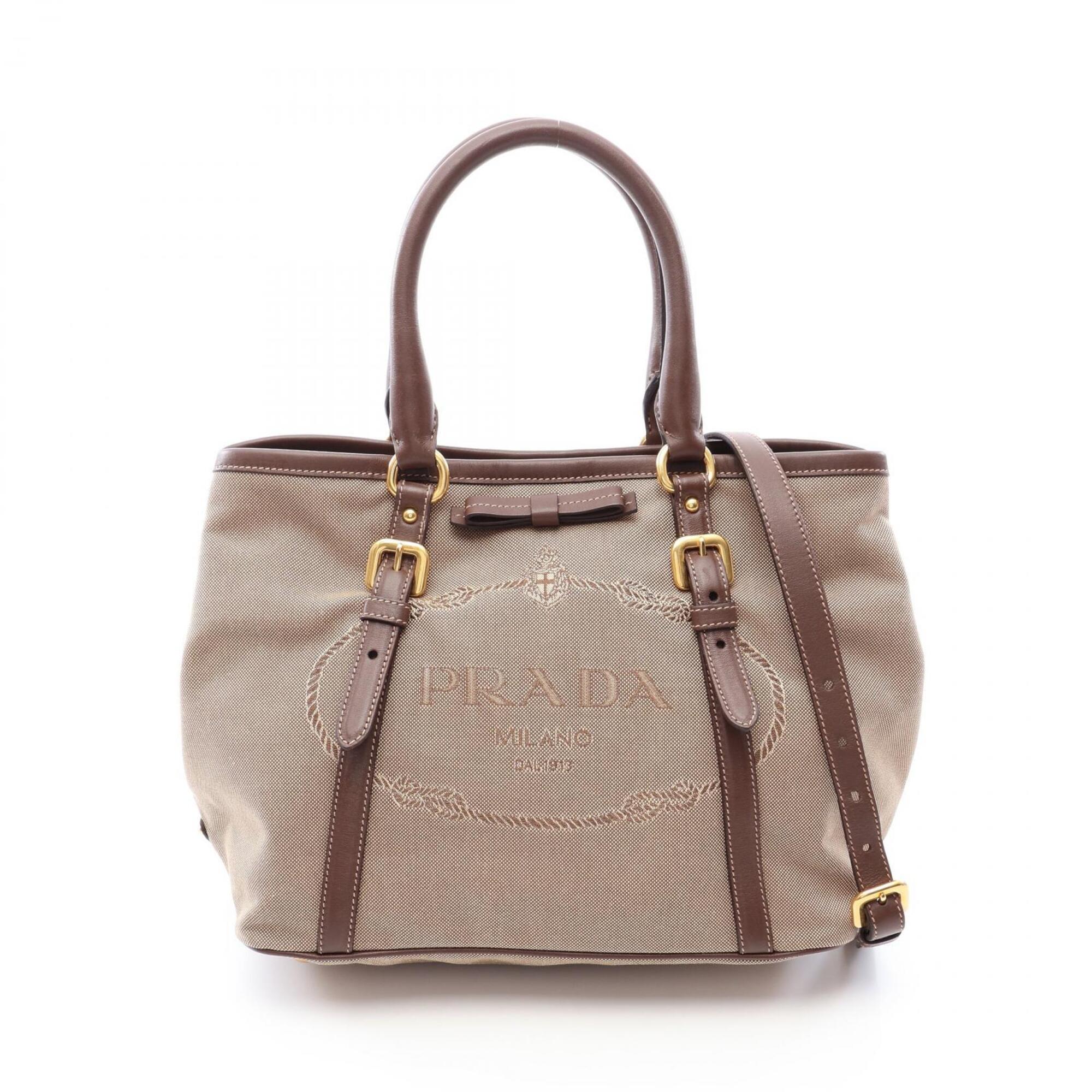 Prada Beige Brown Canvas Leather Handbag Tote Bag (Pre-Owned)