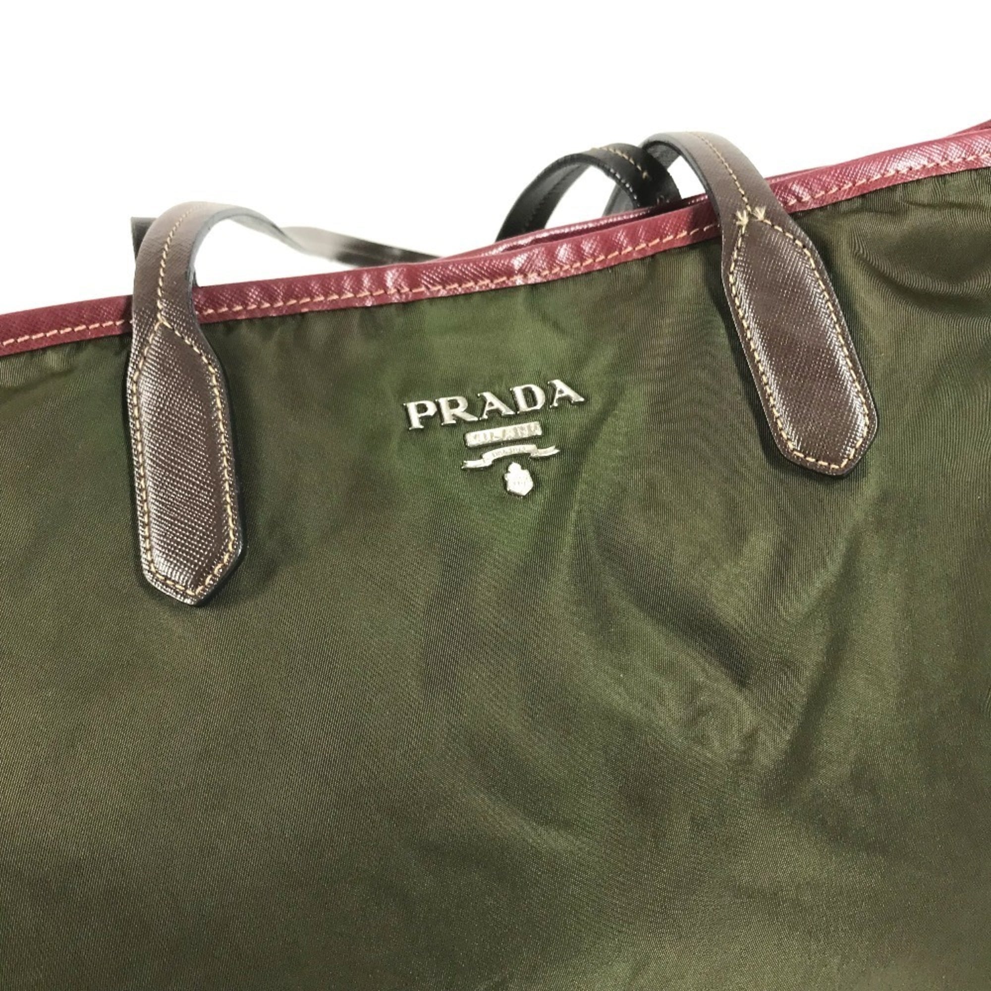 Prada Khaki Red Color Leather Nylon Shoulder Bag Tote Bag (Pre-Owned)