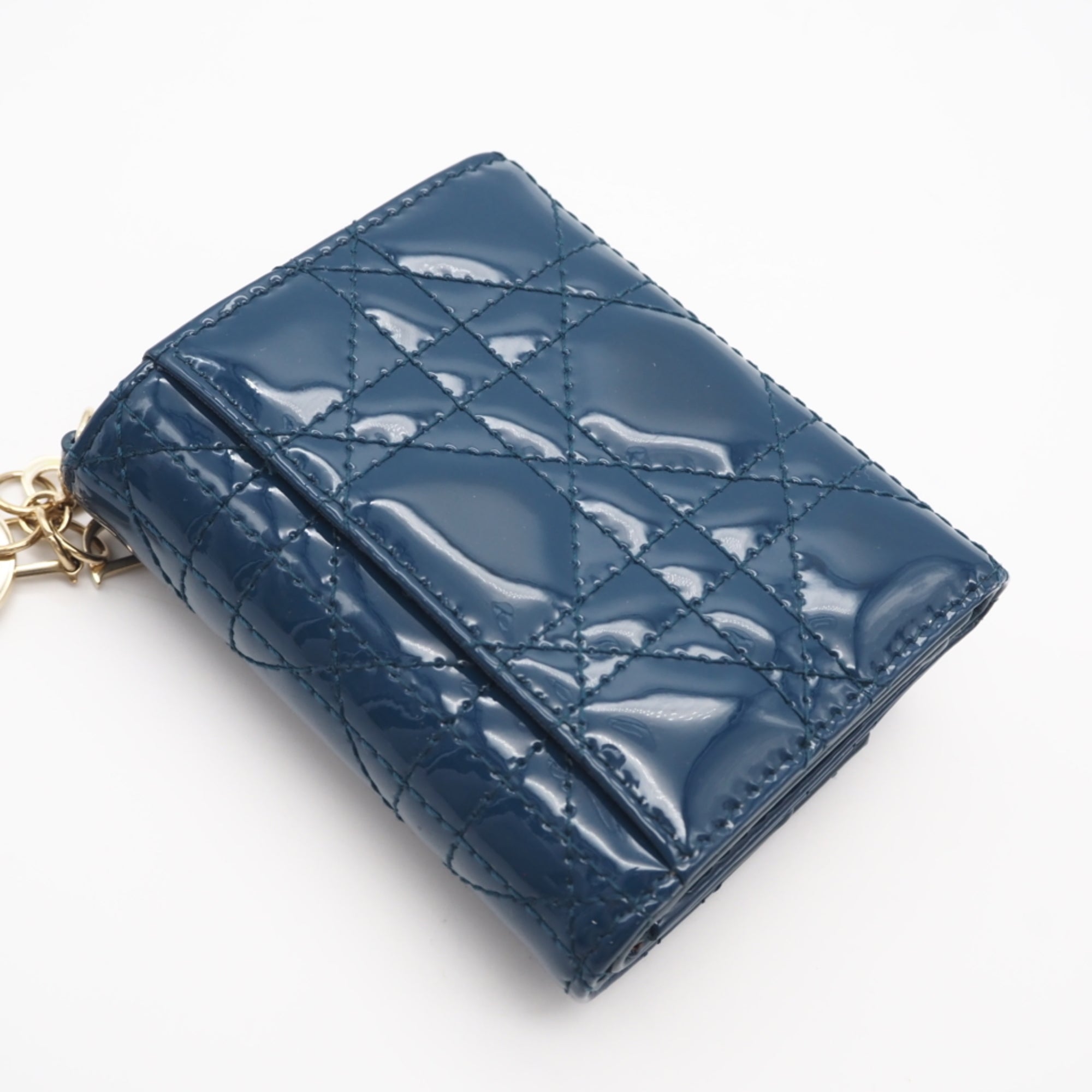 Christian Dior Lady Dior Blue Patent Leather Wallet (Tri-Fold) (Pre-Owned)