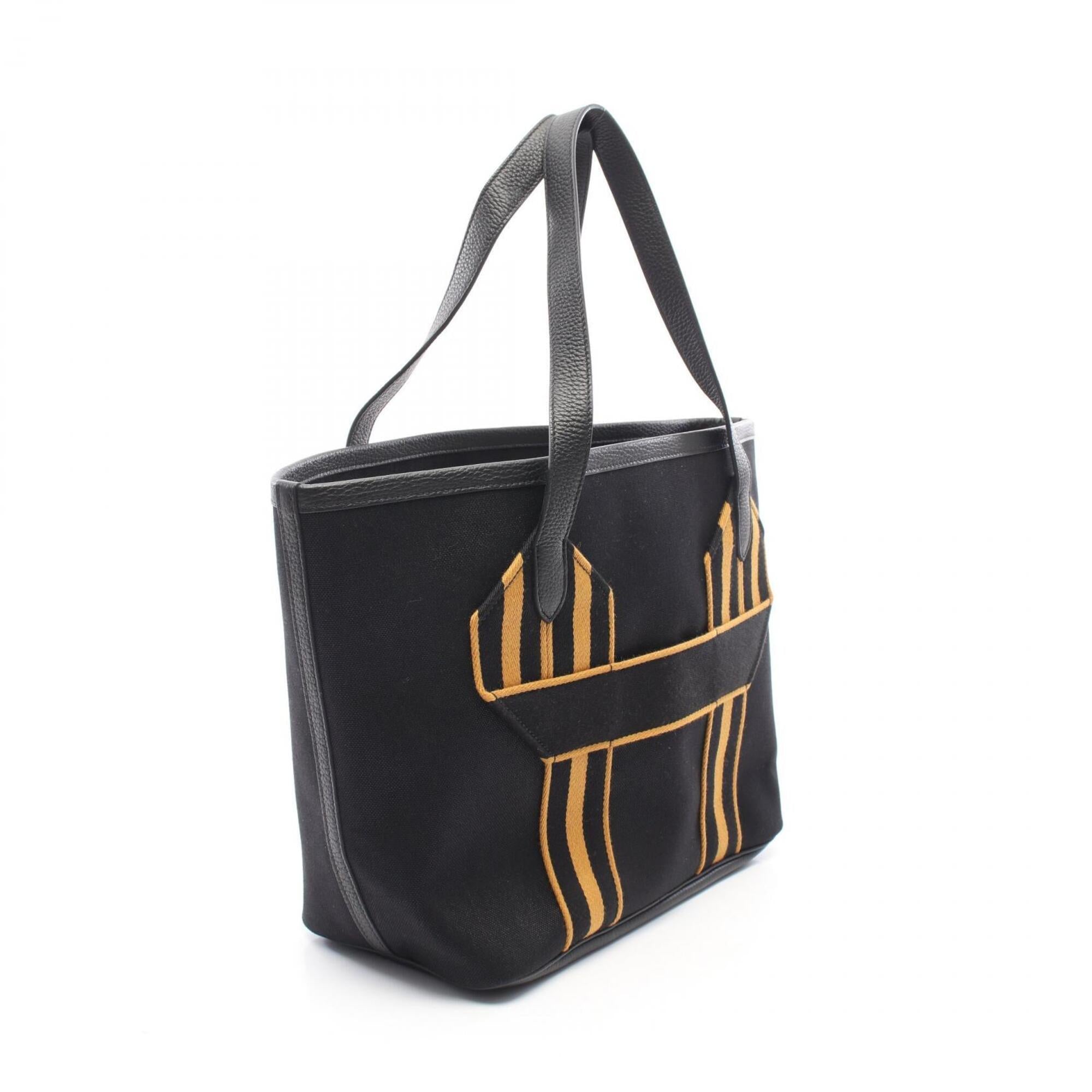 Hermes Black Brown Canvas Taurillon Clemence Leather Handbag Tote Bag (Pre-Owned)