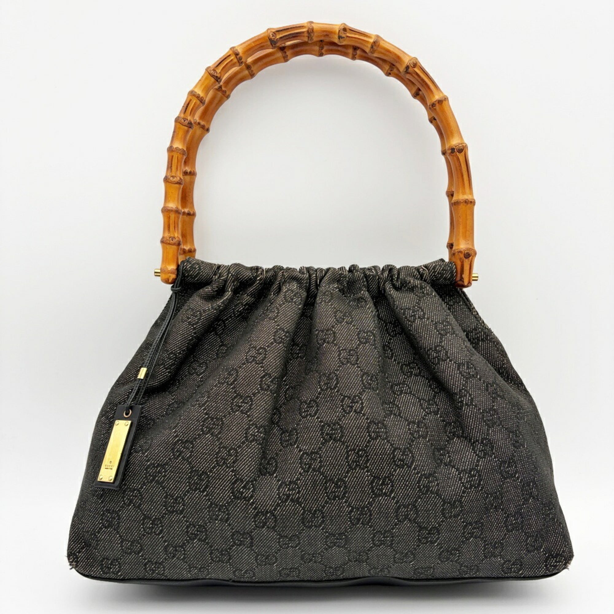 Gucci Black Dark Gray Bamboo Gg Canvas Leather Shoulder Bag Tote Bag (Pre-Owned)