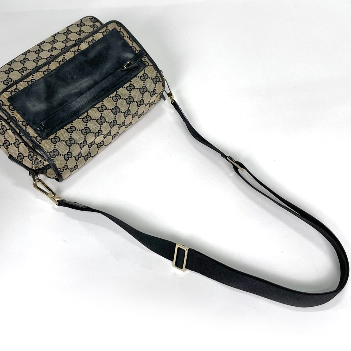 Gucci Beige Black Gg Canvas Leather Shoulder Bag (Pre-Owned)
