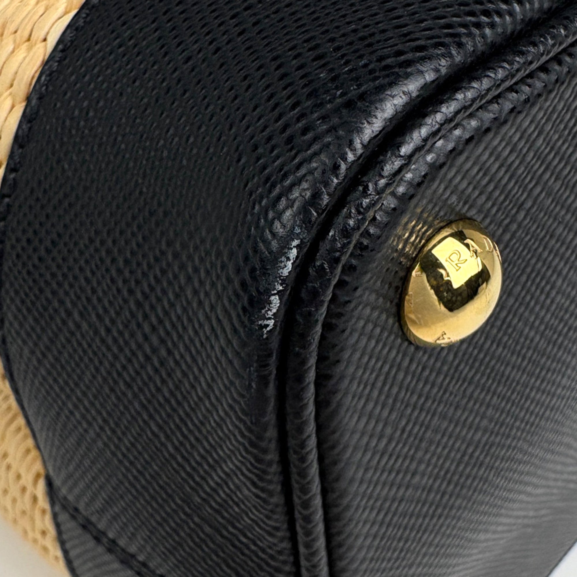 Prada Beige Black Straw Saffiano Handbag Shoulder Bag (Pre-Owned)