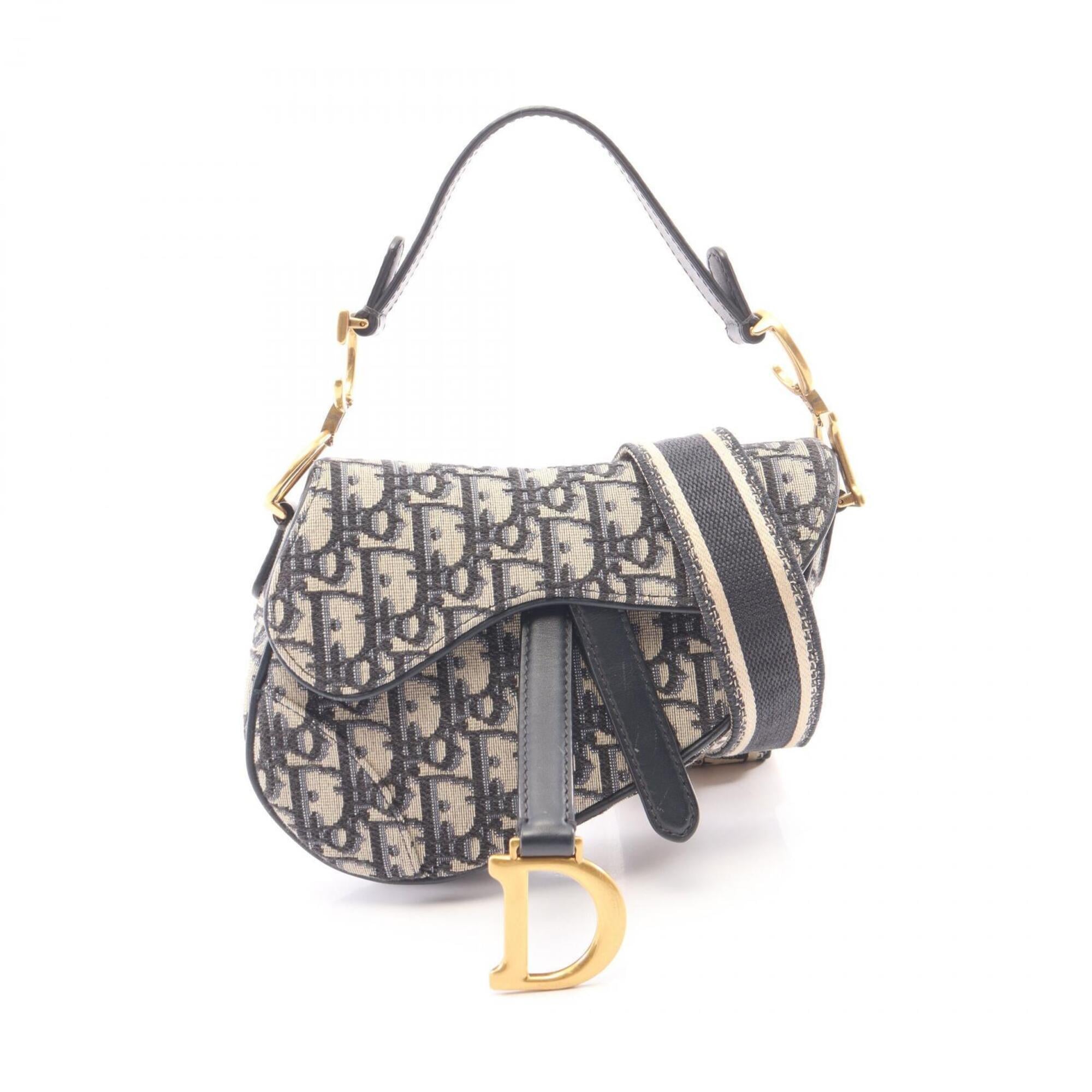 Christian Dior Beige Navy Canvas Leather Handbag Saddle Bag (Pre-Owned)