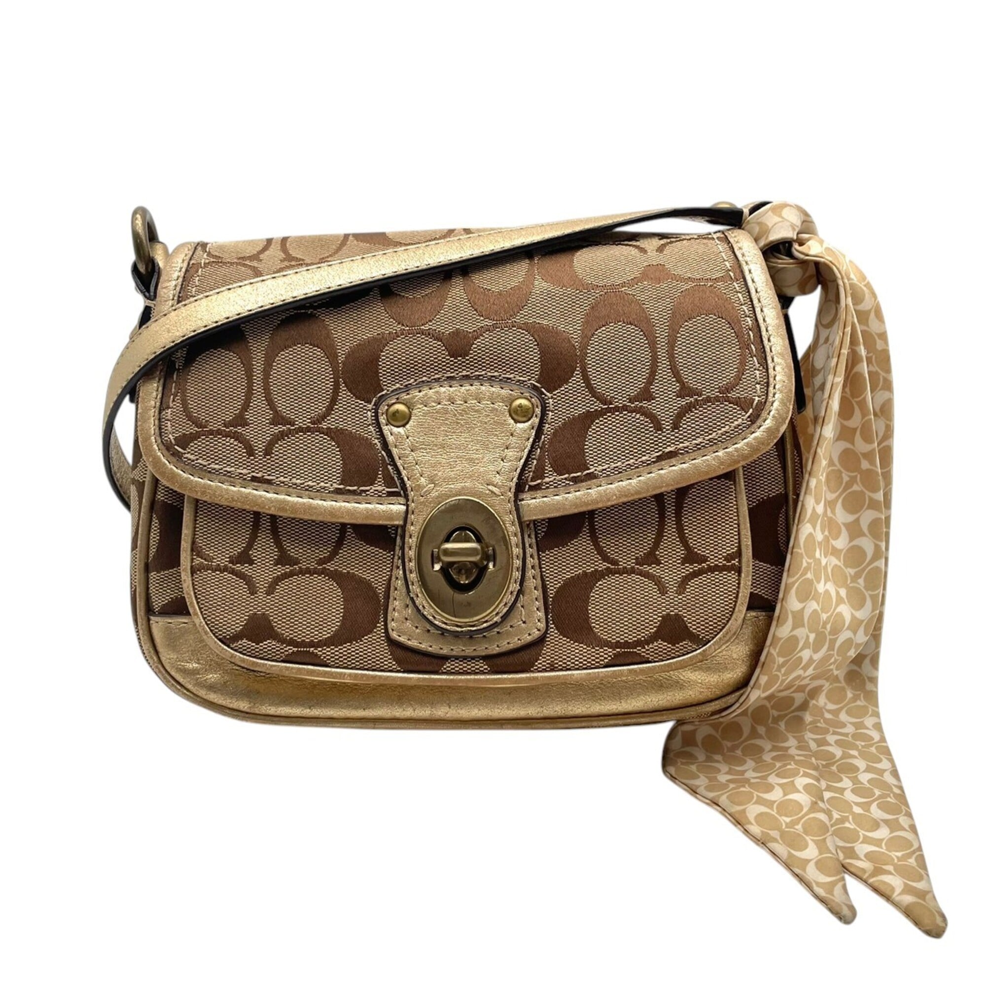 Coach Beige Gold Canvas Leather Pochette Shoulder Bag (Pre-Owned)